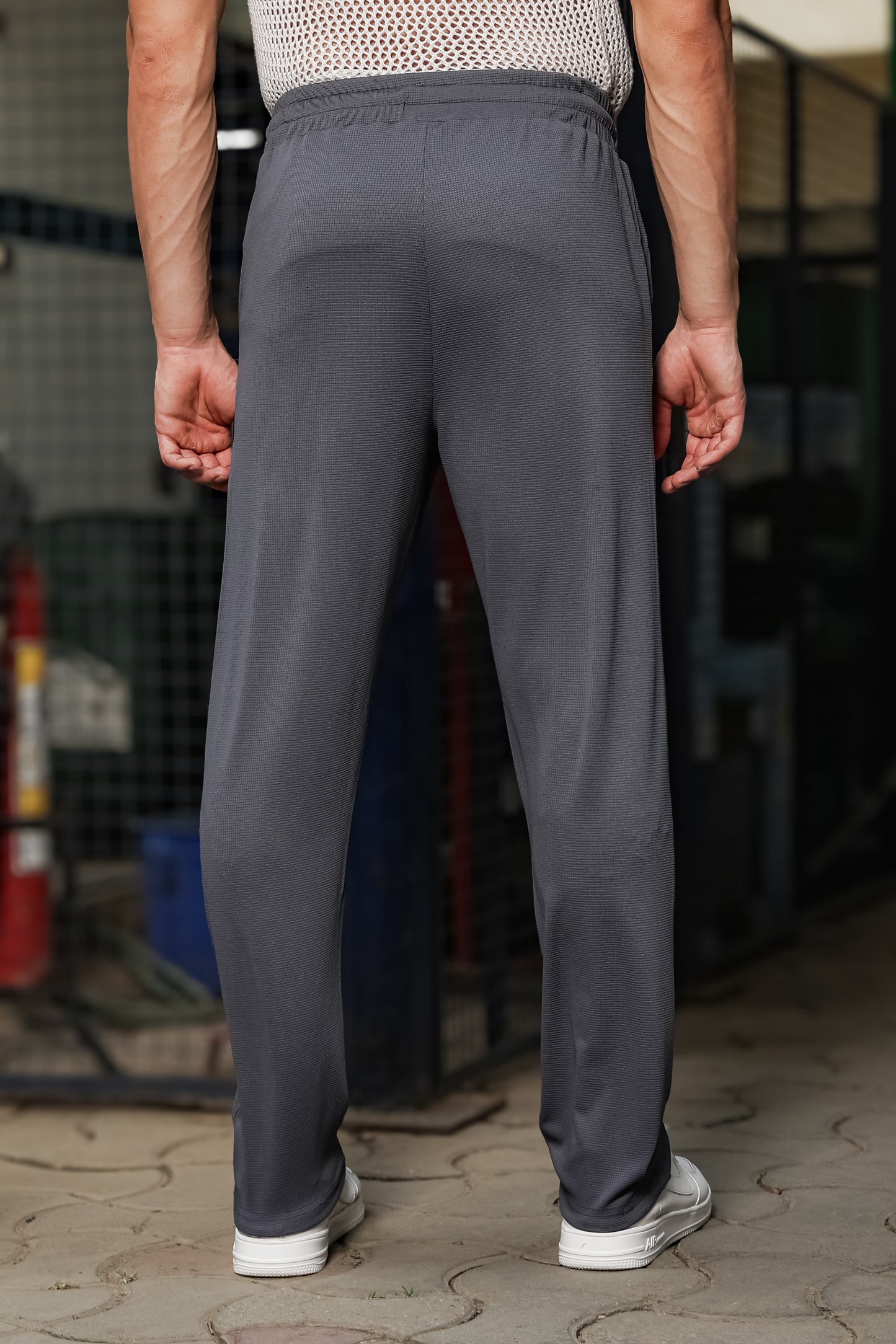 Men's Dark Grey Textured Track Pants – Straight Fit