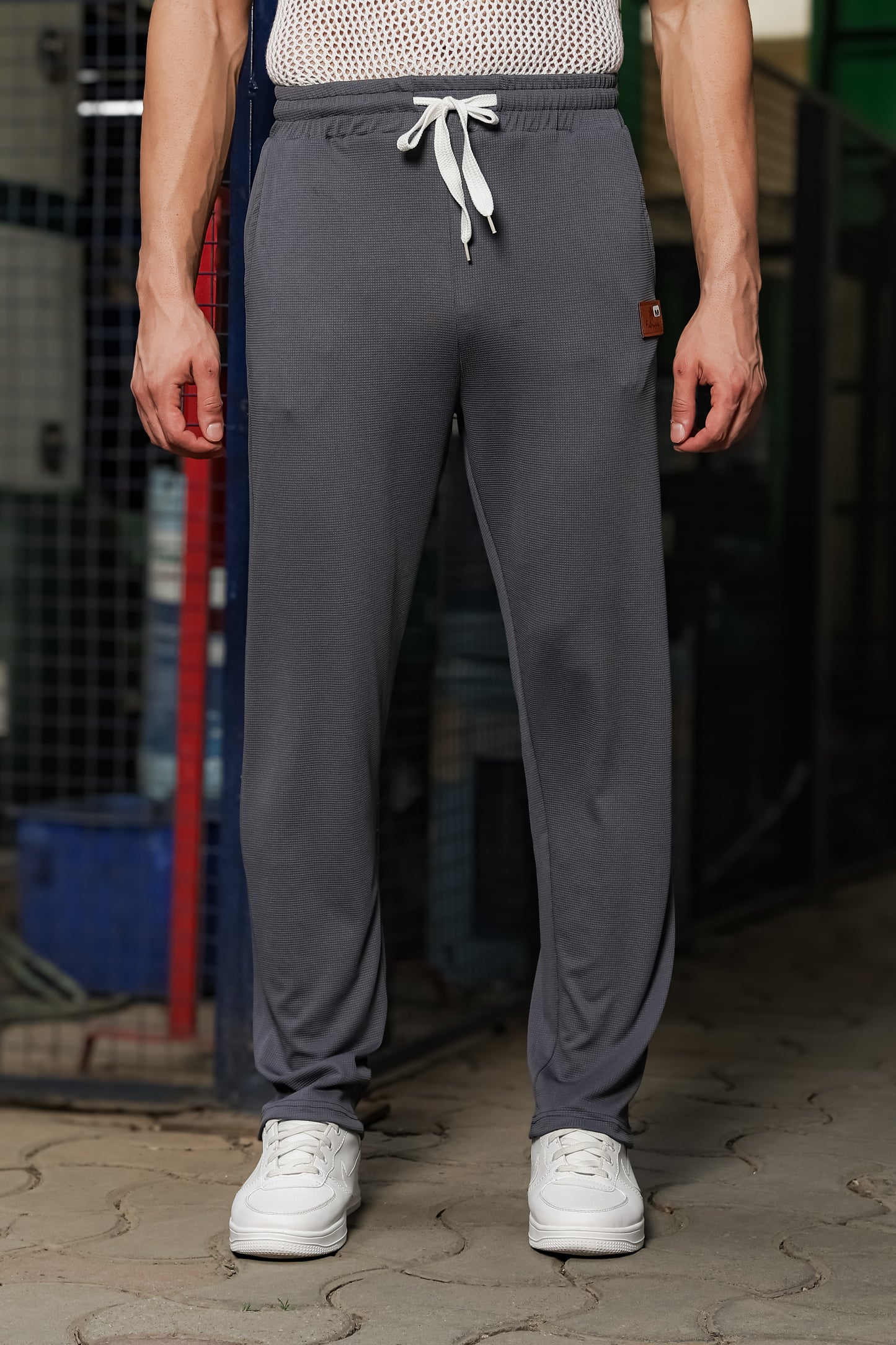 Men's Dark Grey Textured Track Pants – Straight Fit