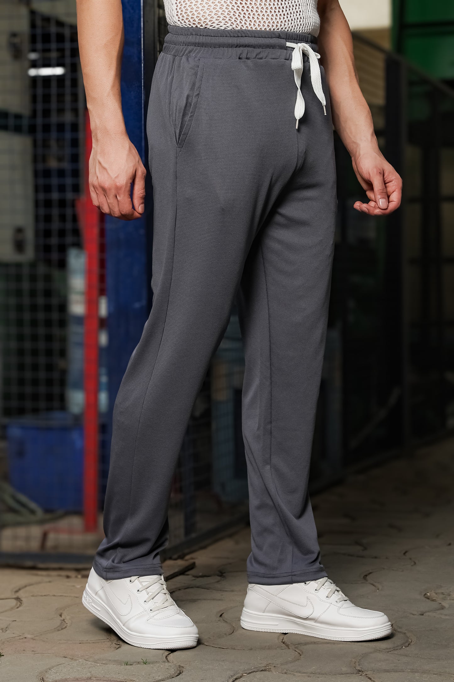 Men's Dark Grey Textured Track Pants – Straight Fit