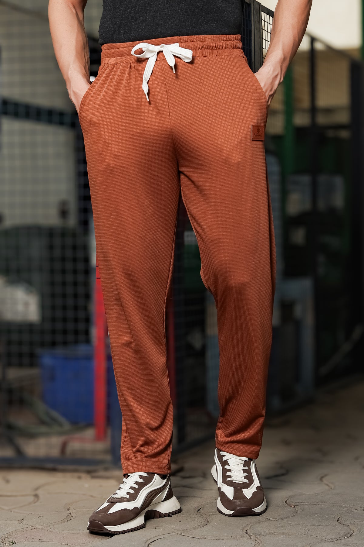 Men's Brown Textured Track Pants – Straight Fit