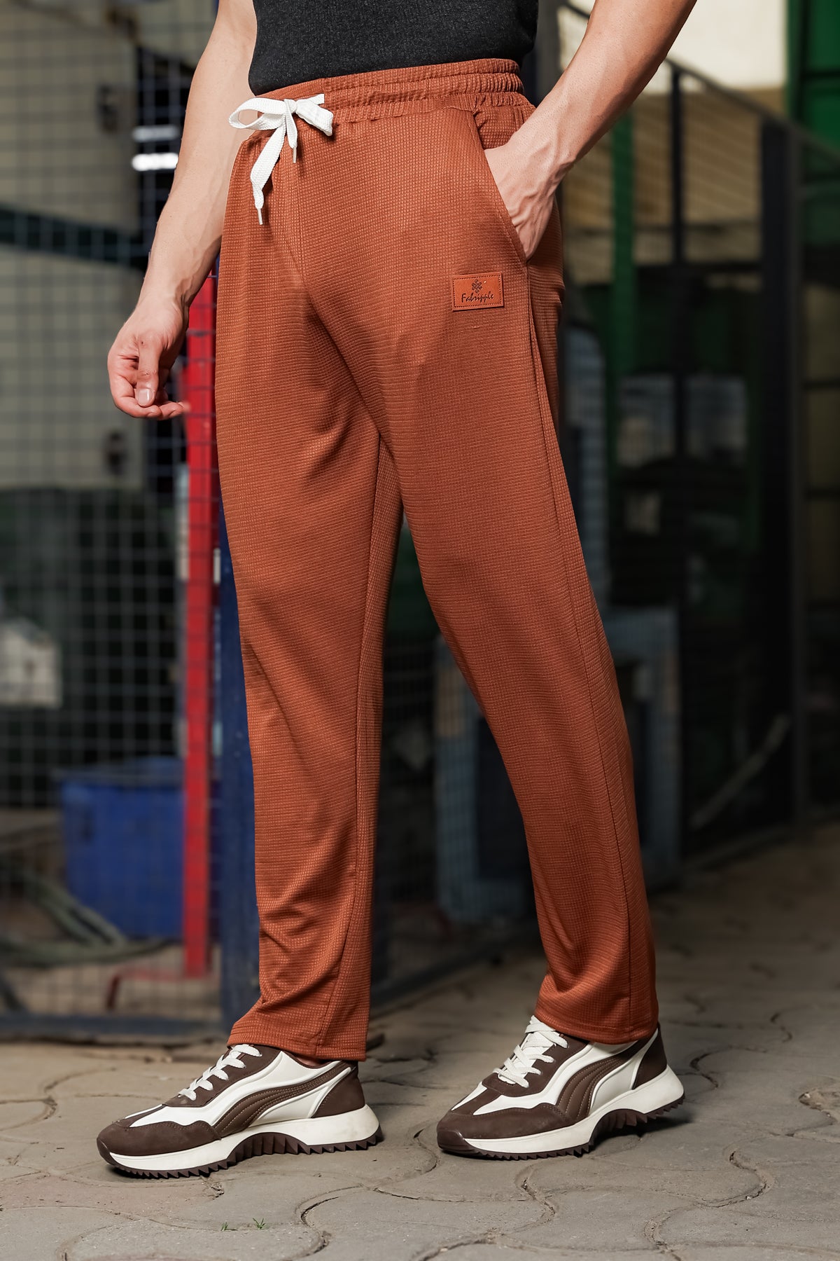Men's Brown Textured Track Pants – Straight Fit