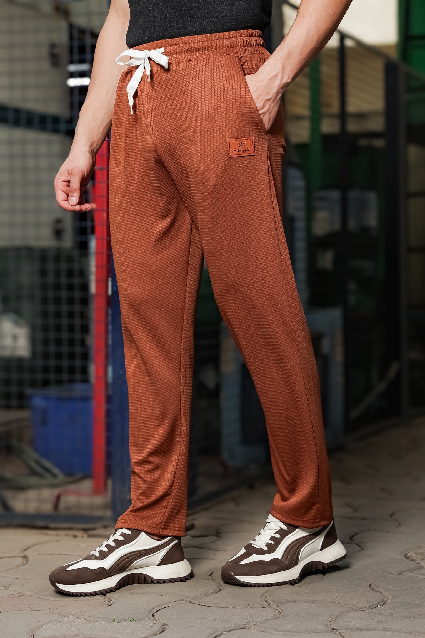 Men's Brown Textured Track Pants – Straight Fit