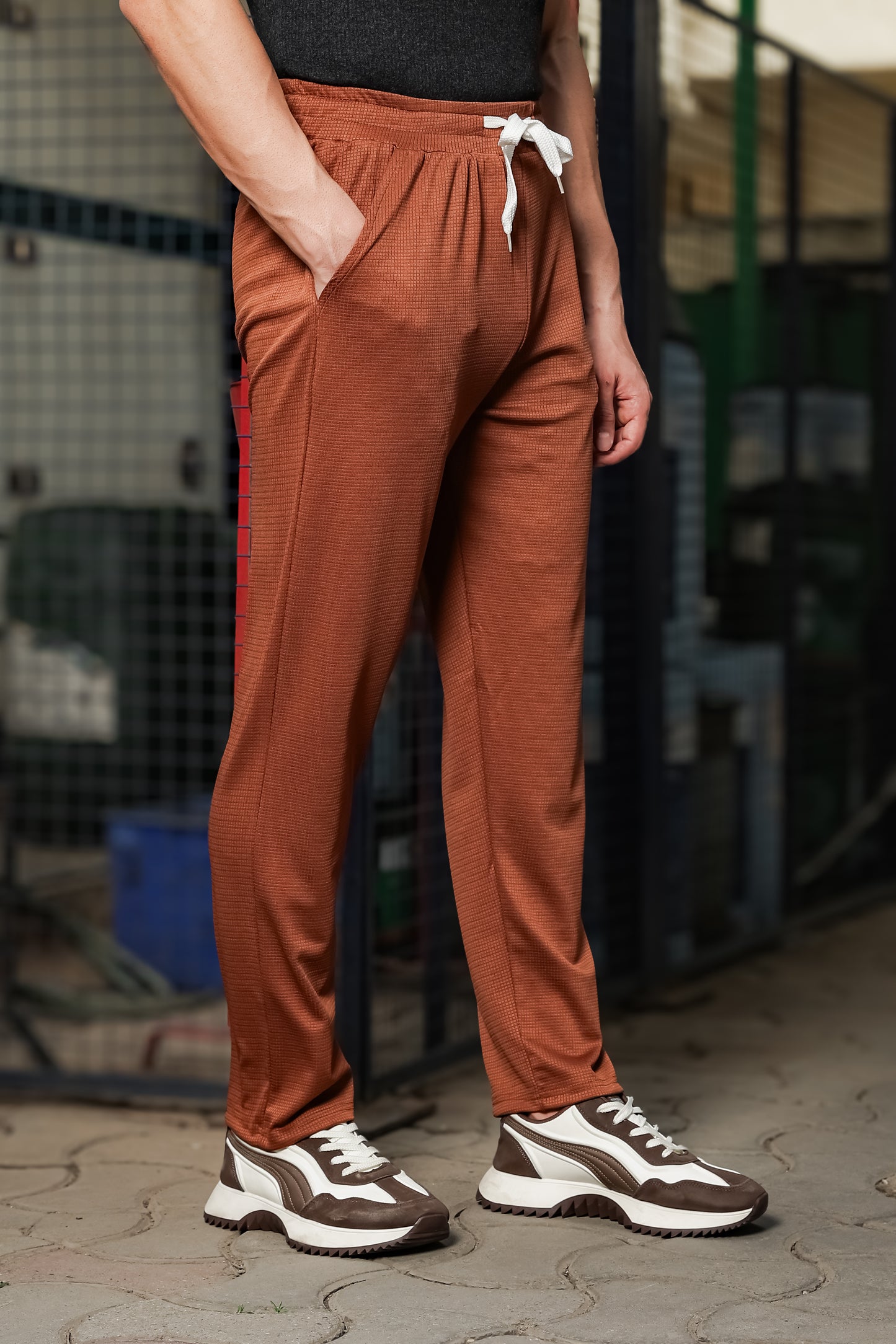 Men's Brown Textured Track Pants – Straight Fit