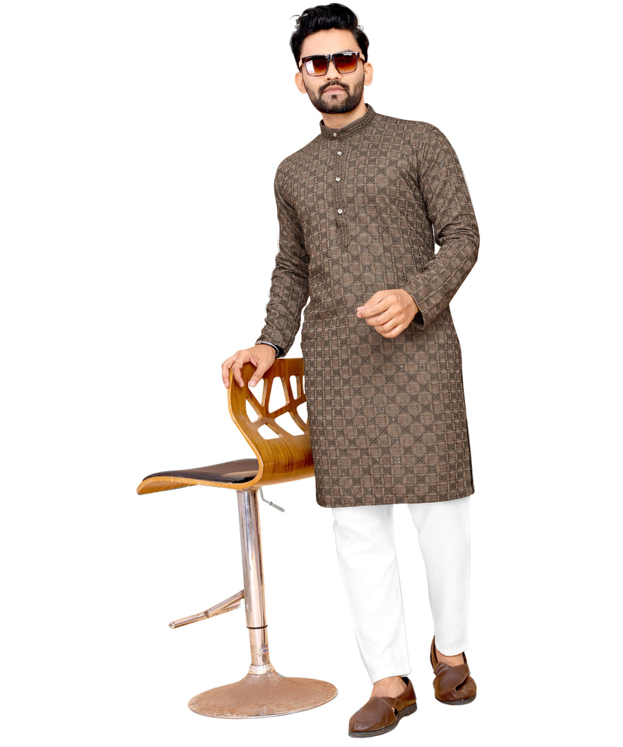 Men's Printed Long Kurta with Mandarin Collar{BROWN}| Stylish Kurta for Men | Full Sleeve Traditional Ethnic Kurta