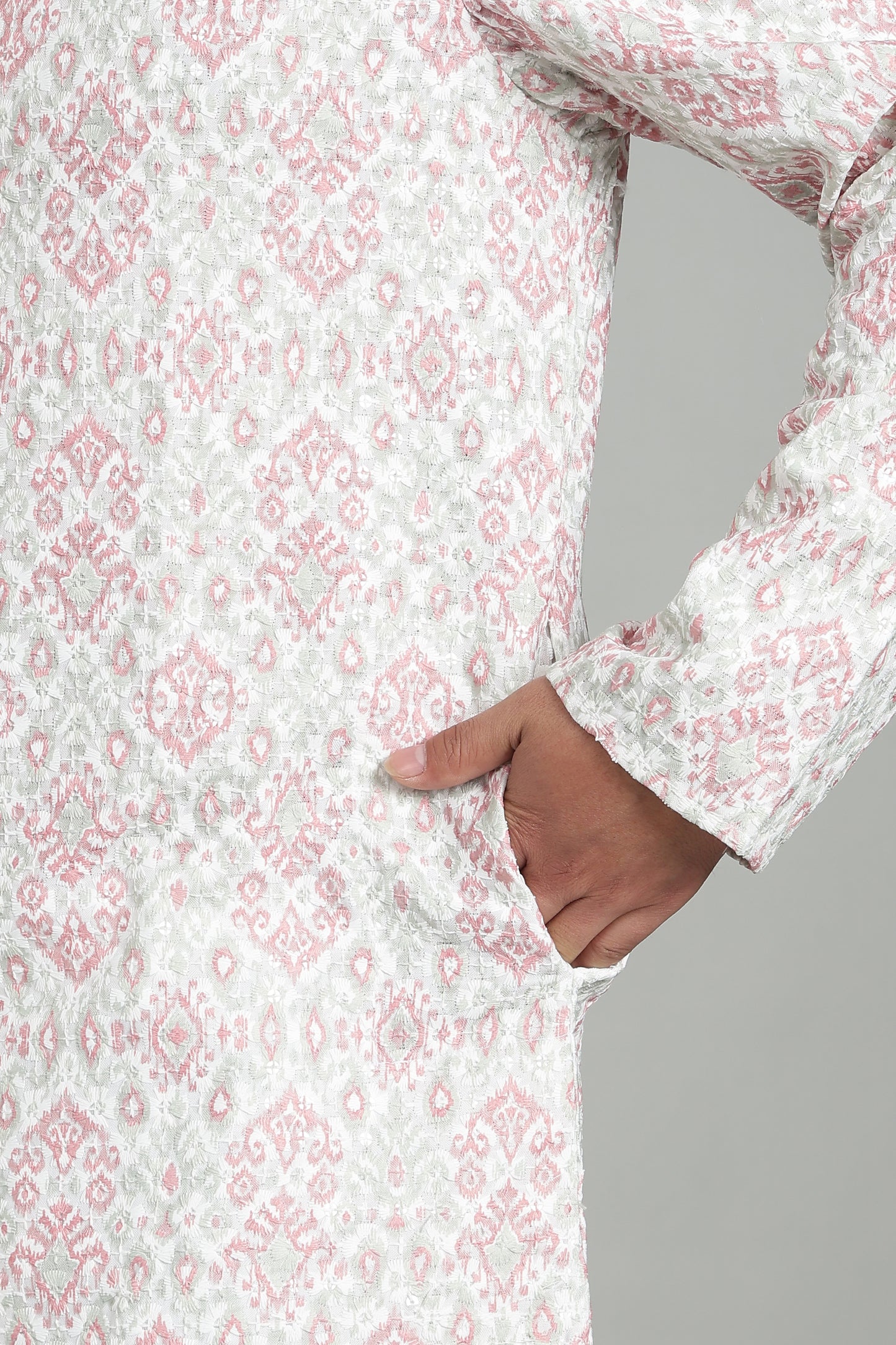 Men’s Rani Pink Ethnic Printed Textured Kurta