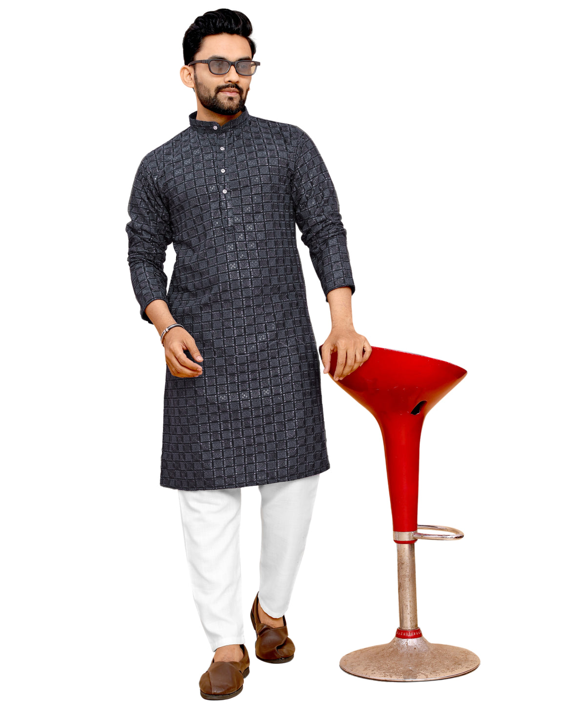 Men's Printed Long Kurta with Mandarin Collar{BLACK}| Stylish Kurta for Men | Full Sleeve Traditional Ethnic Kurta