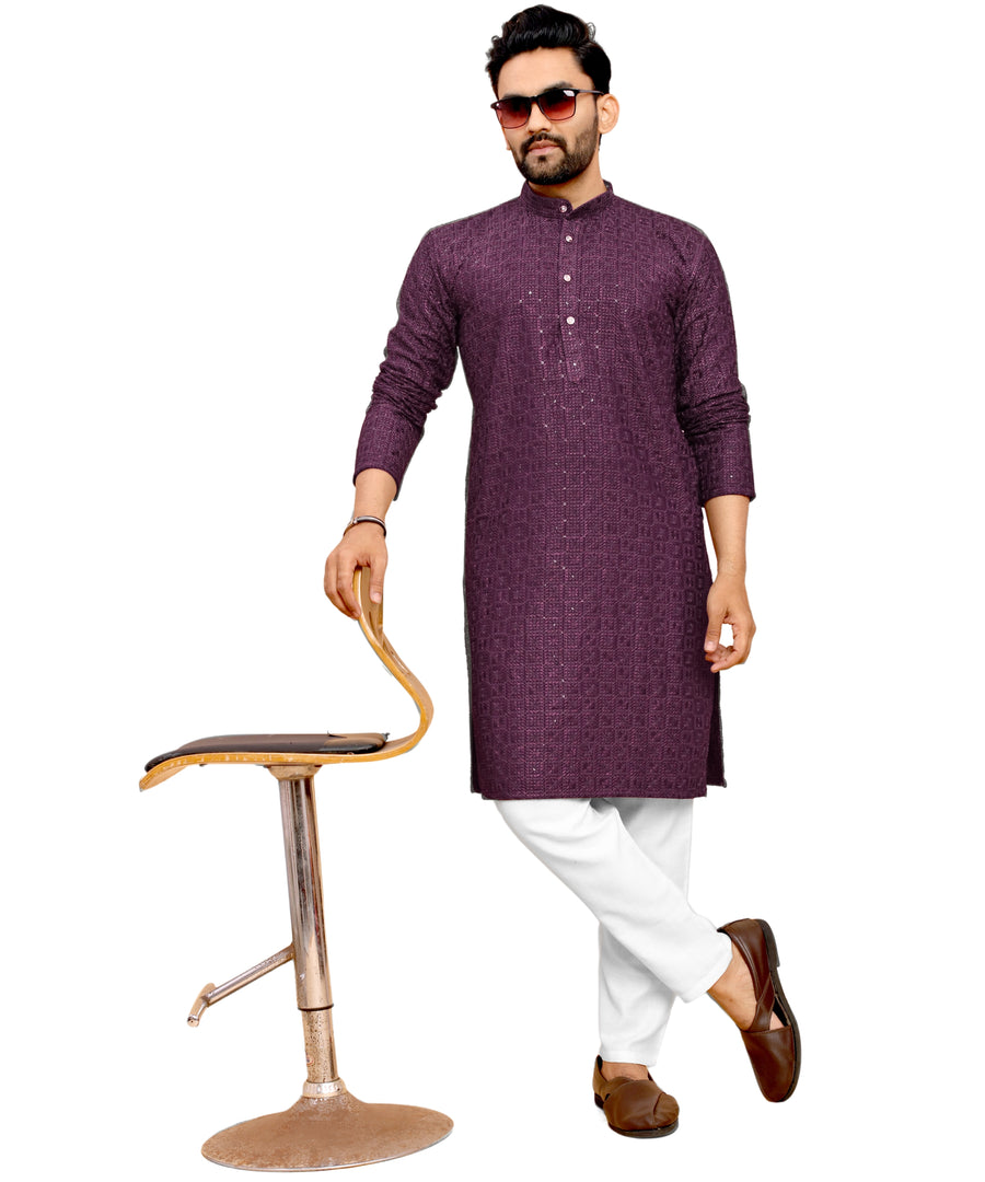 Men's Printed Long Kurta with Mandarin Collar{WINE}| Stylish Kurta for Men | Full Sleeve Traditional Ethnic Kurta