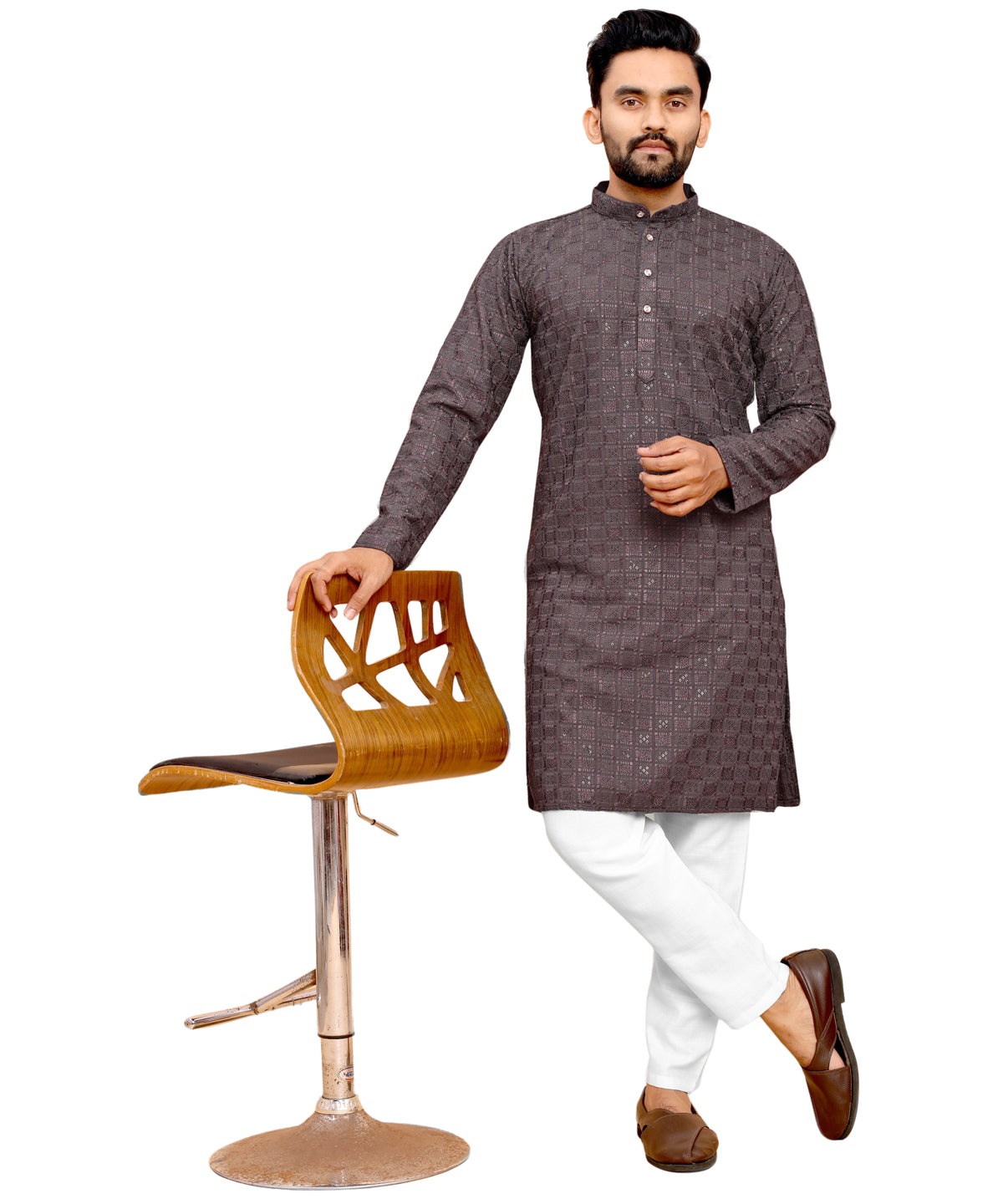 Men's Printed Long Kurta with Mandarin Collar{COFFEE}| Stylish Kurta for Men | Full Sleeve Traditional Ethnic Kurta