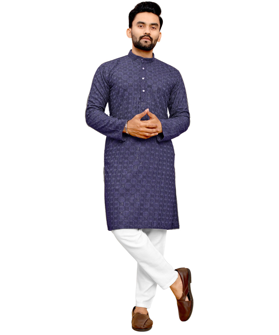 Men's Printed Long Kurta with Mandarin Collar{BLUE}| Stylish Kurta for Men | Full Sleeve Traditional Ethnic Kurta