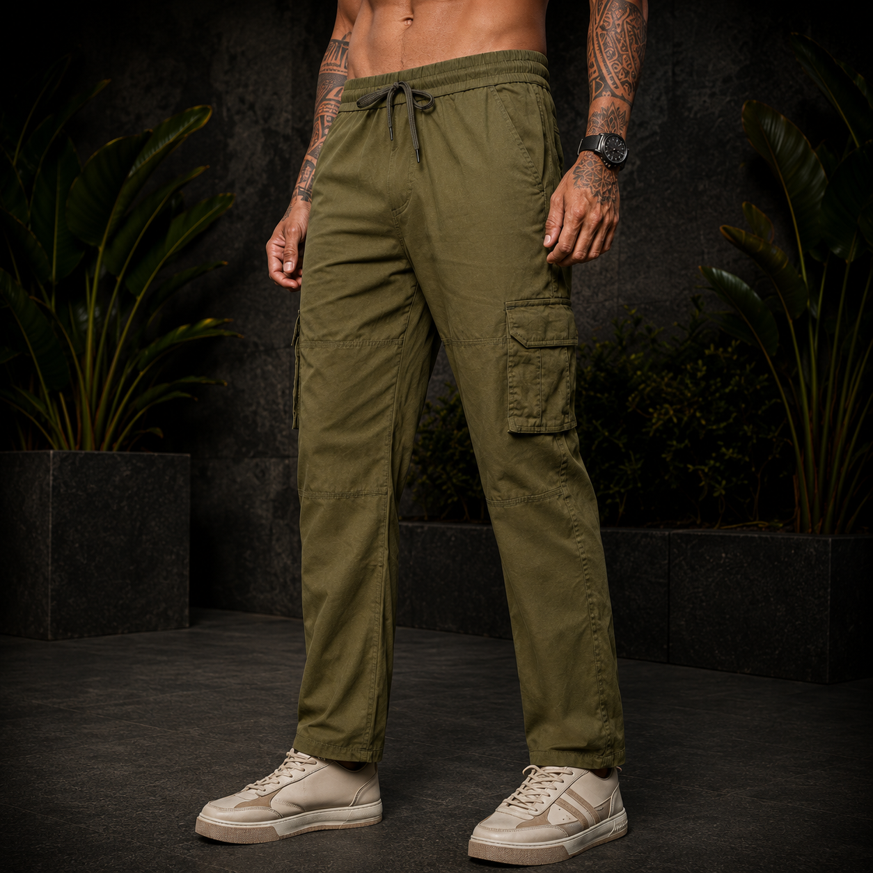 Men’s Green Cargo Pants – Relaxed Fit Utility Streetwear Trousers