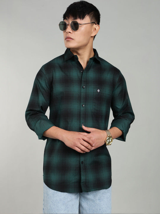 Men’s Green Black Checked Casual Shirt – Premium Plaid Full Sleeve Shirt