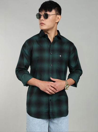 Men’s Green Black Checked Casual Shirt – Premium Plaid Full Sleeve Shirt