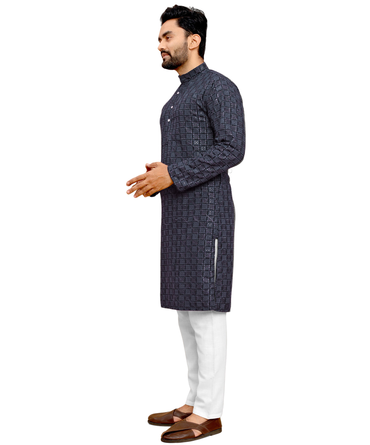 Men's Printed Long Kurta with Mandarin Collar{BLACK}| Stylish Kurta for Men | Full Sleeve Traditional Ethnic Kurta