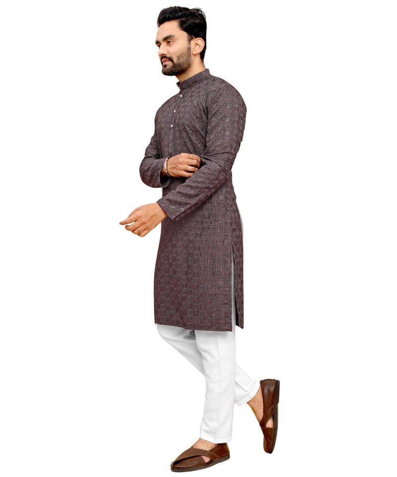 Men's Printed Long Kurta with Mandarin Collar{COFFEE}| Stylish Kurta for Men | Full Sleeve Traditional Ethnic Kurta