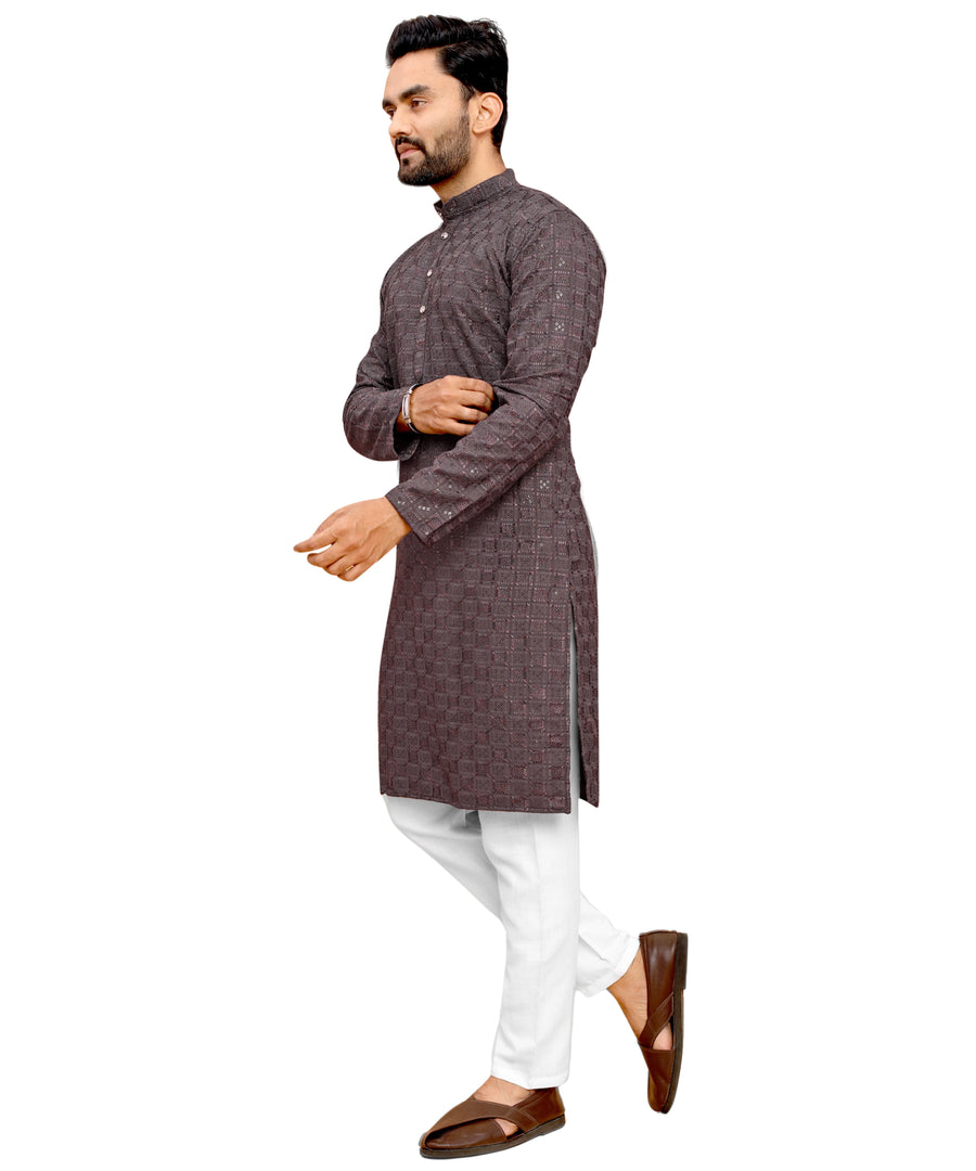 Men's Printed Long Kurta with Mandarin Collar{COFFEE}| Stylish Kurta for Men | Full Sleeve Traditional Ethnic Kurta