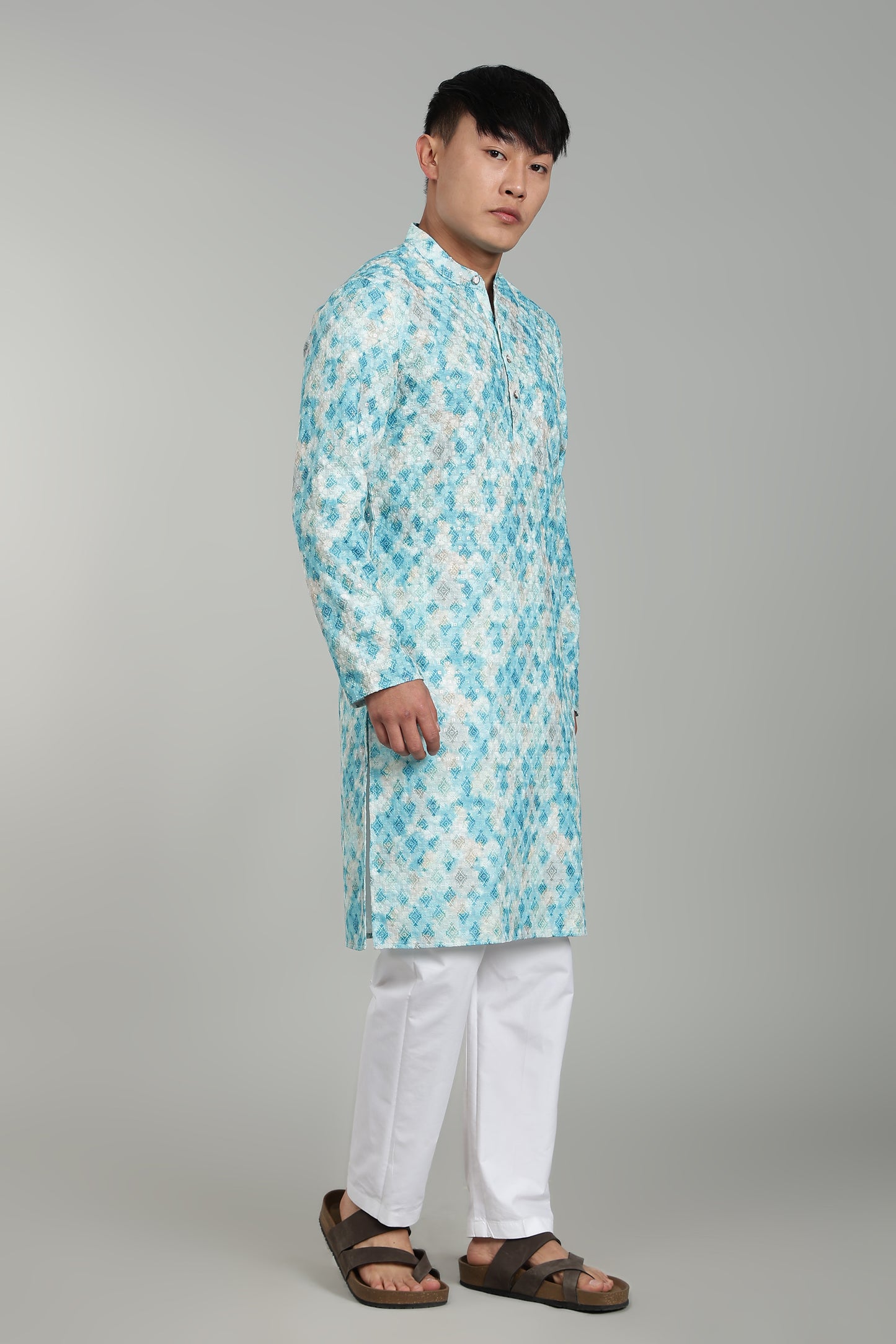 Men’s Rama Green Geometric Printed Textured Kurta