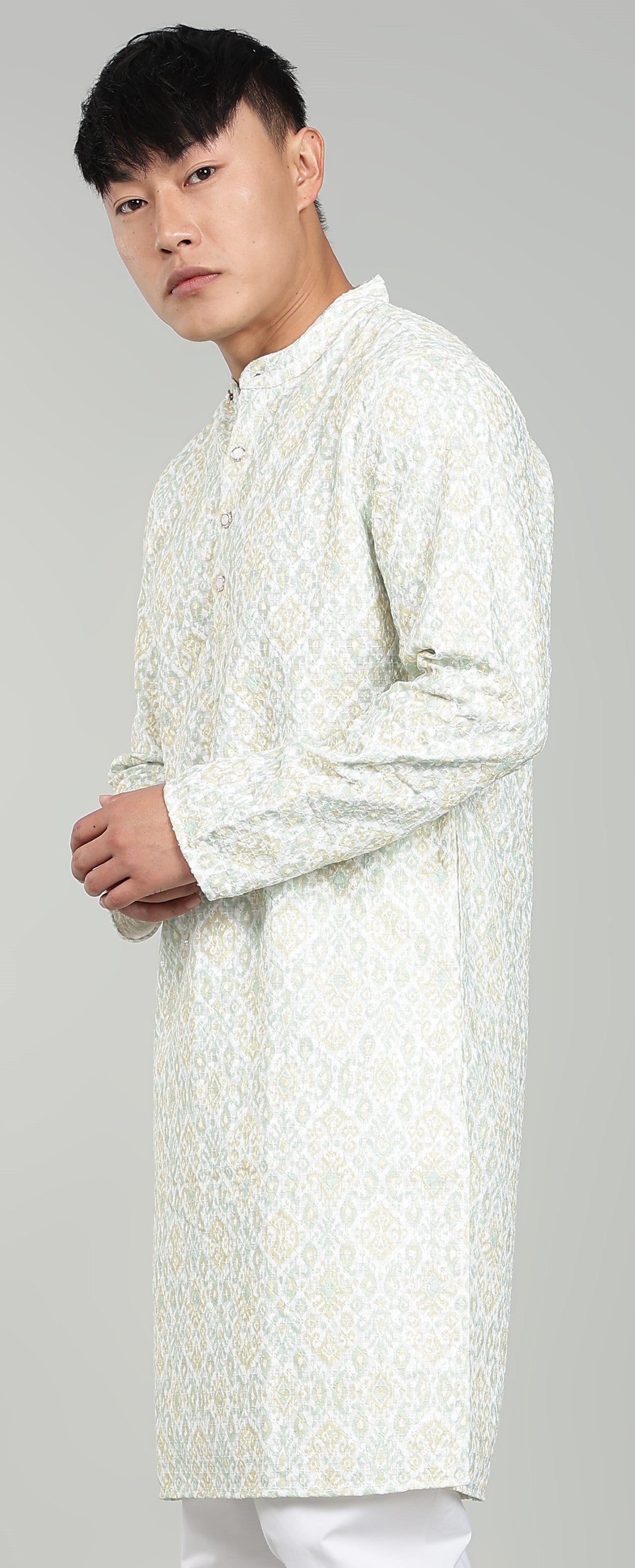 Men’s Yellow Ethnic Printed Textured Kurta