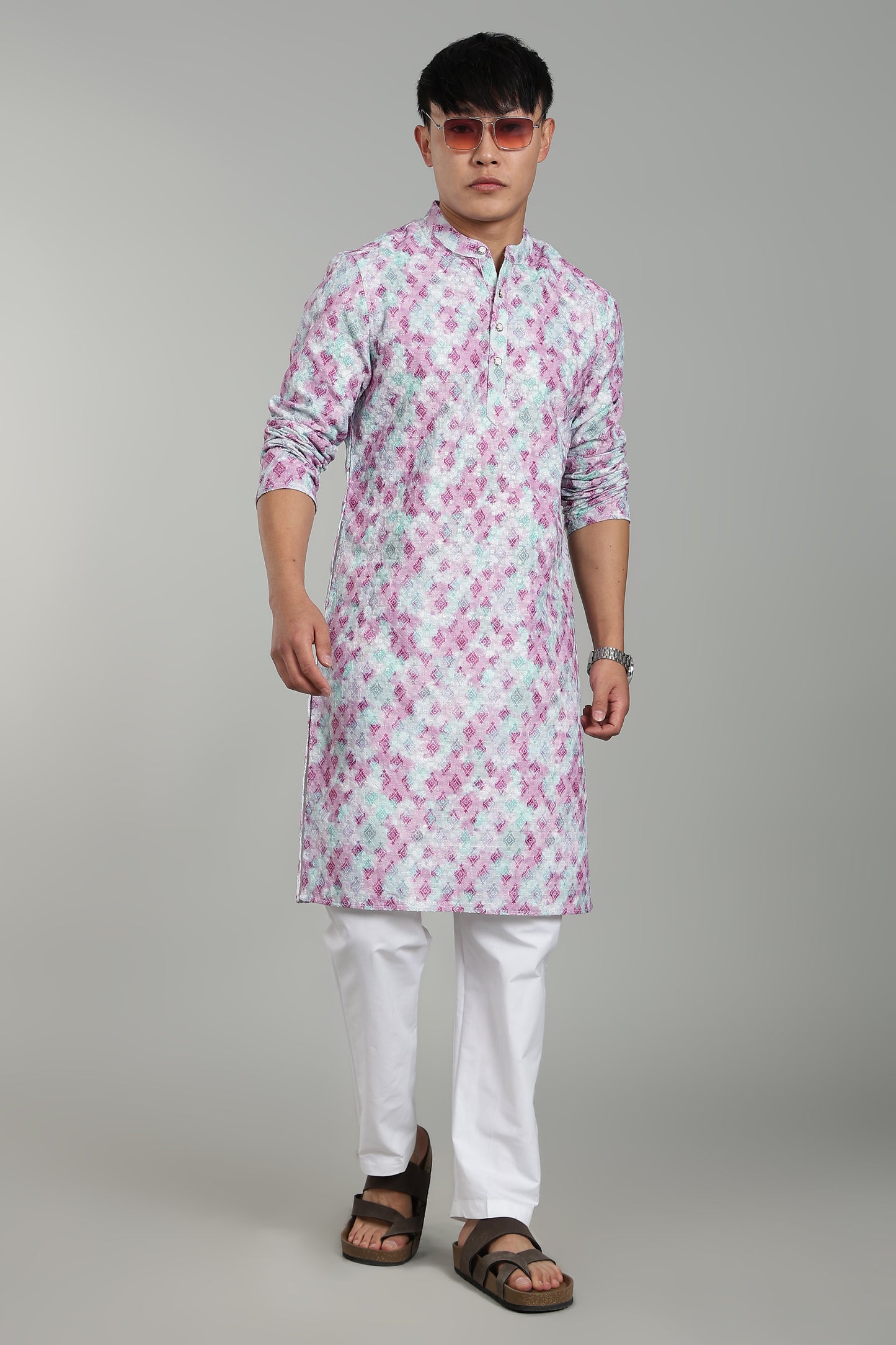 Men’s Pink Geometric Printed Textured Kurta