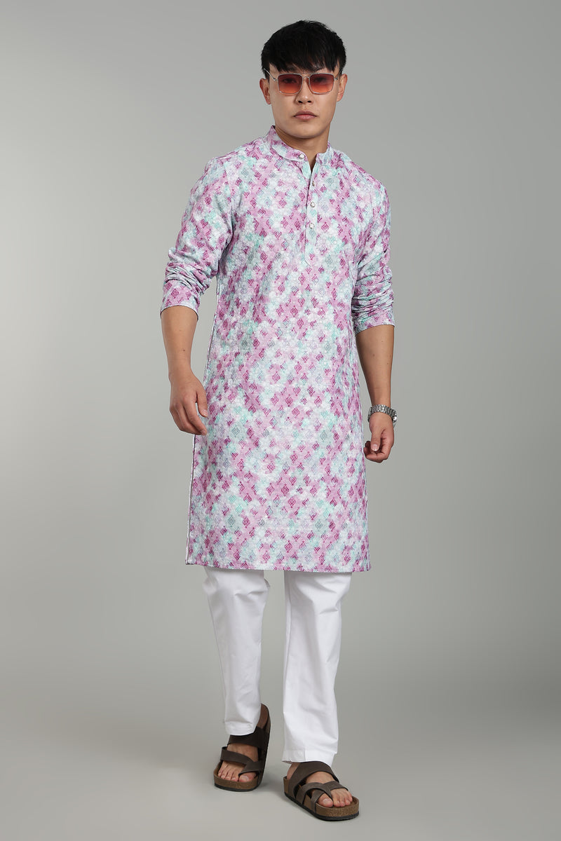 Men’s Pink Geometric Printed Textured Kurta