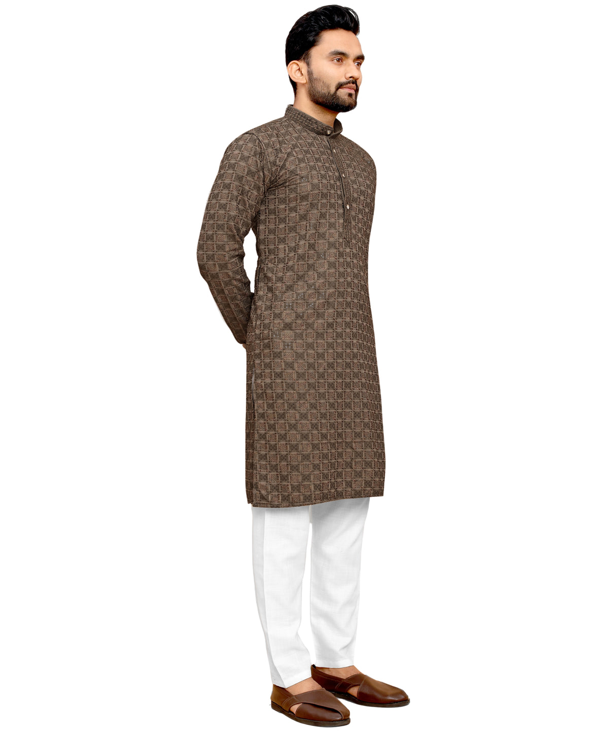 Men's Printed Long Kurta with Mandarin Collar{BROWN}| Stylish Kurta for Men | Full Sleeve Traditional Ethnic Kurta