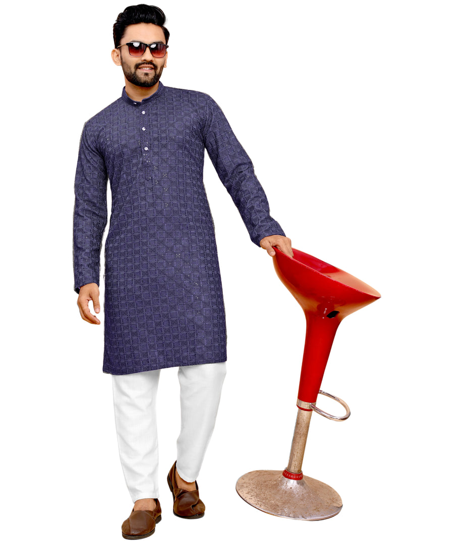 Men's Printed Long Kurta with Mandarin Collar{BLUE}| Stylish Kurta for Men | Full Sleeve Traditional Ethnic Kurta