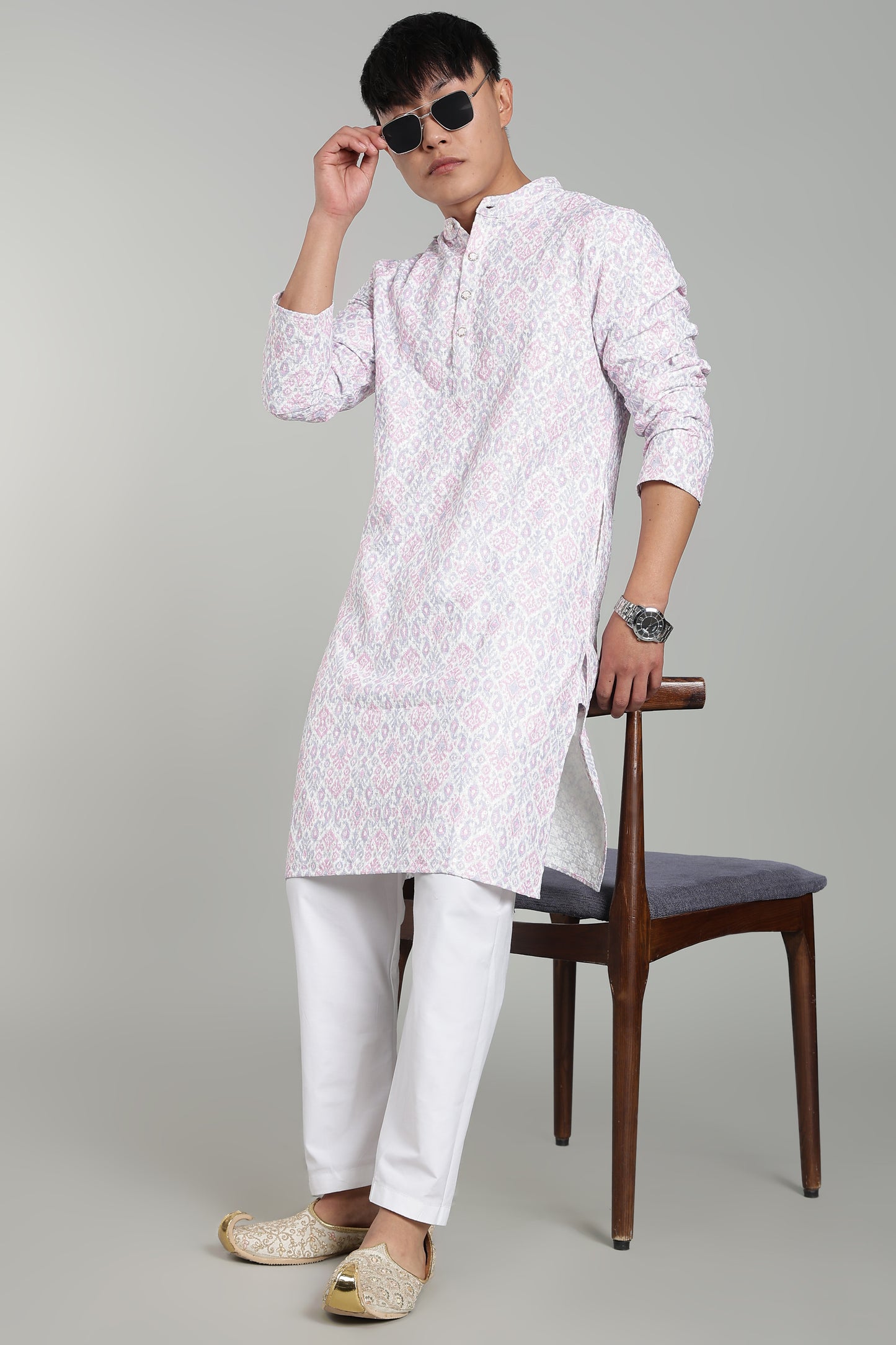 Men’s Red Ethnic Printed Textured Kurta