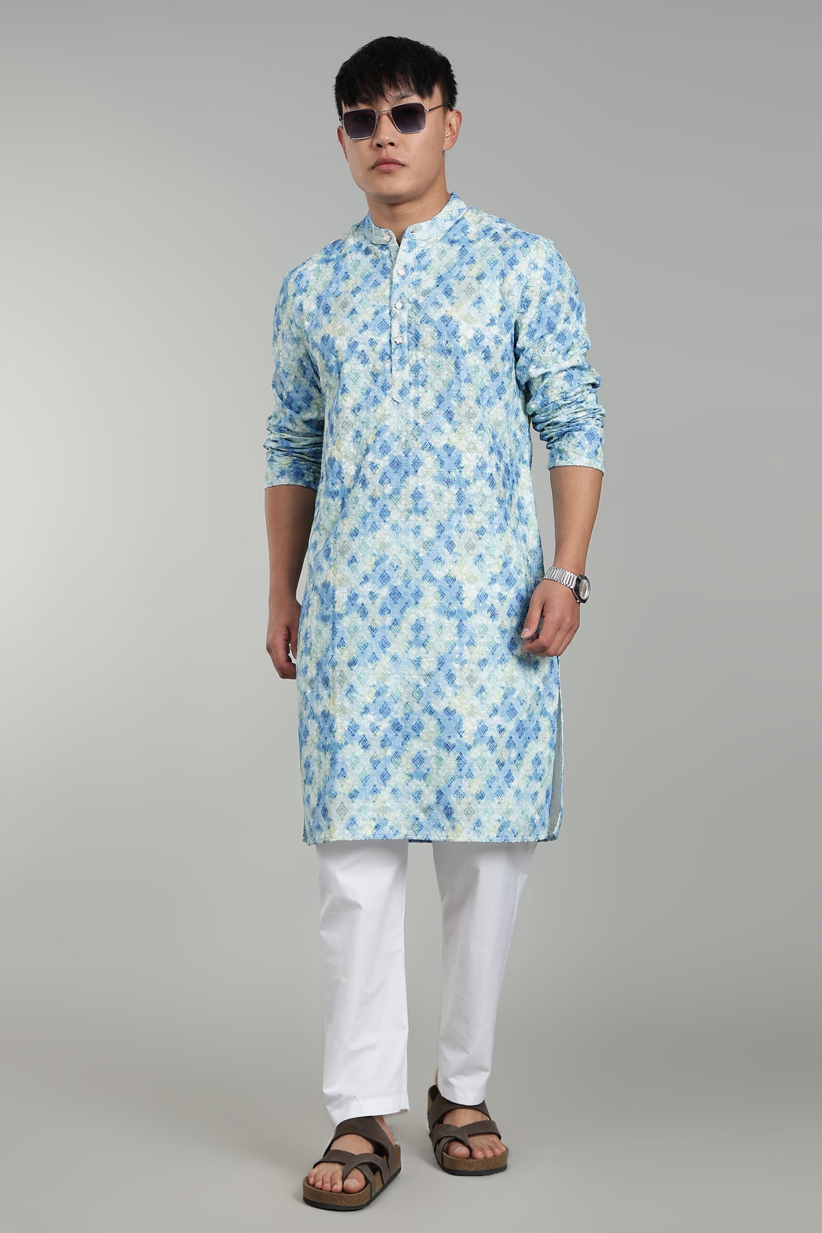 Men’s Blue Geometric Printed Textured Kurta