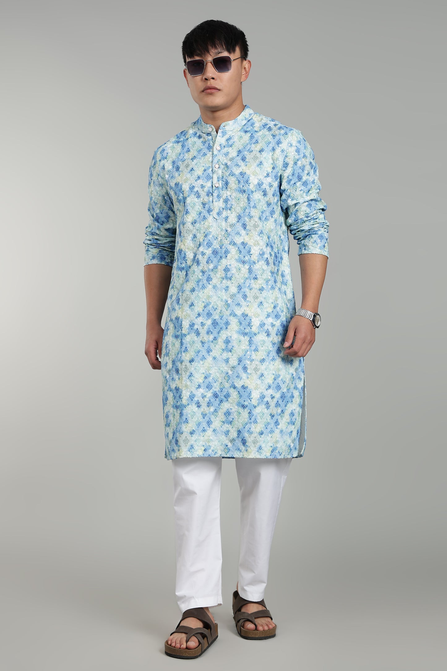Men’s Blue Geometric Printed Textured Kurta