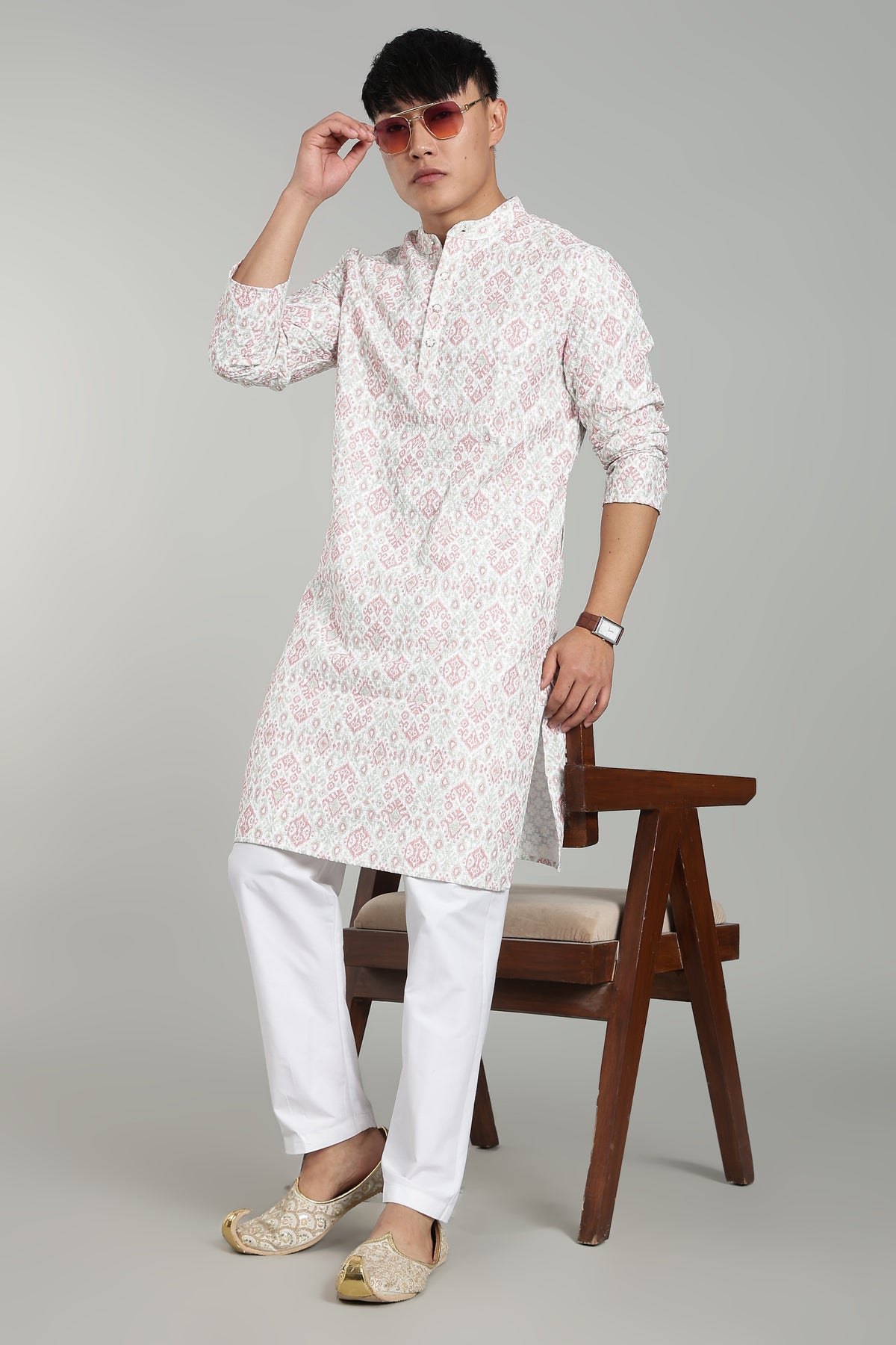 Men’s Rani Pink Ethnic Printed Textured Kurta