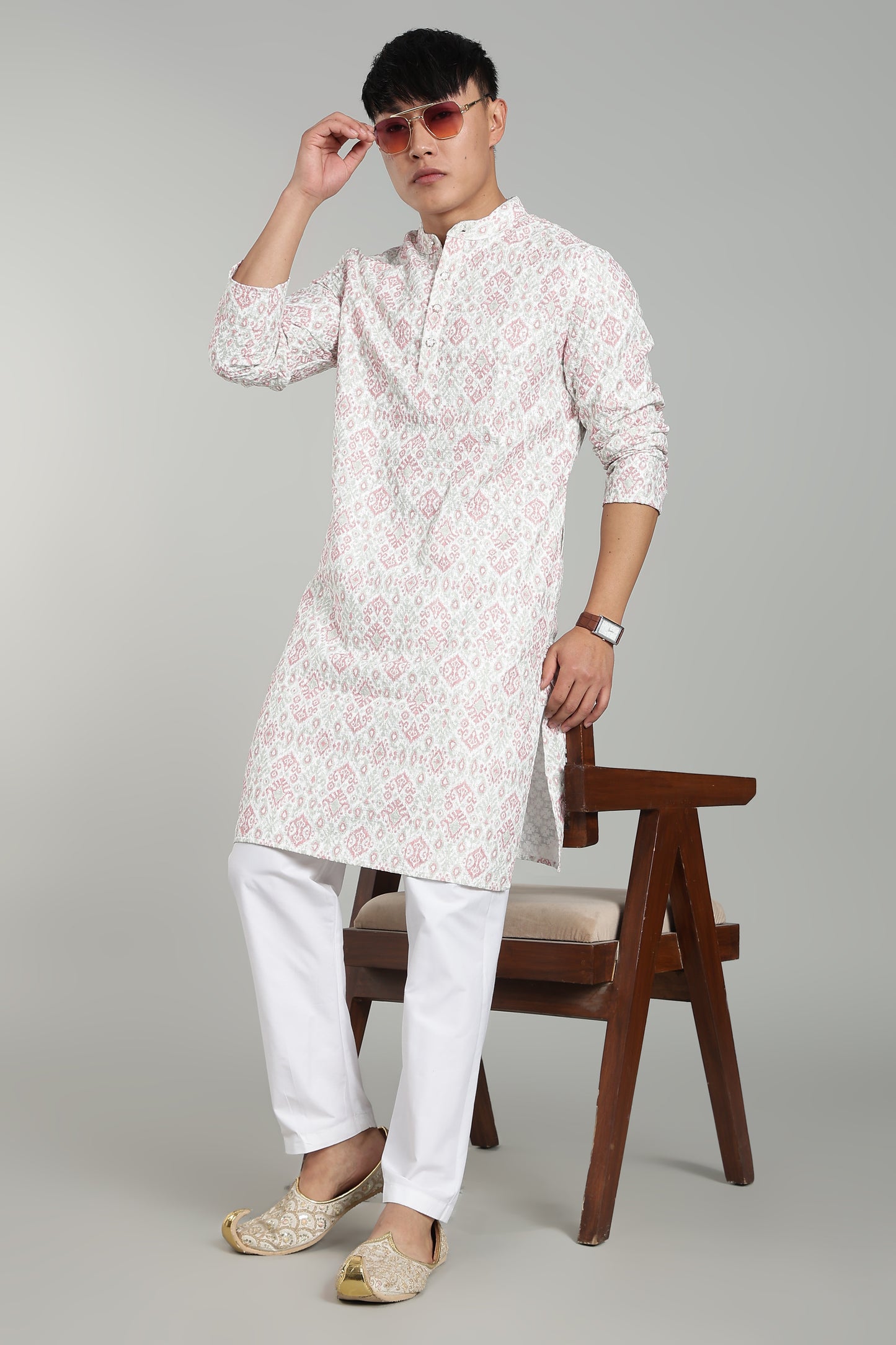 Men’s Rani Pink Ethnic Printed Textured Kurta