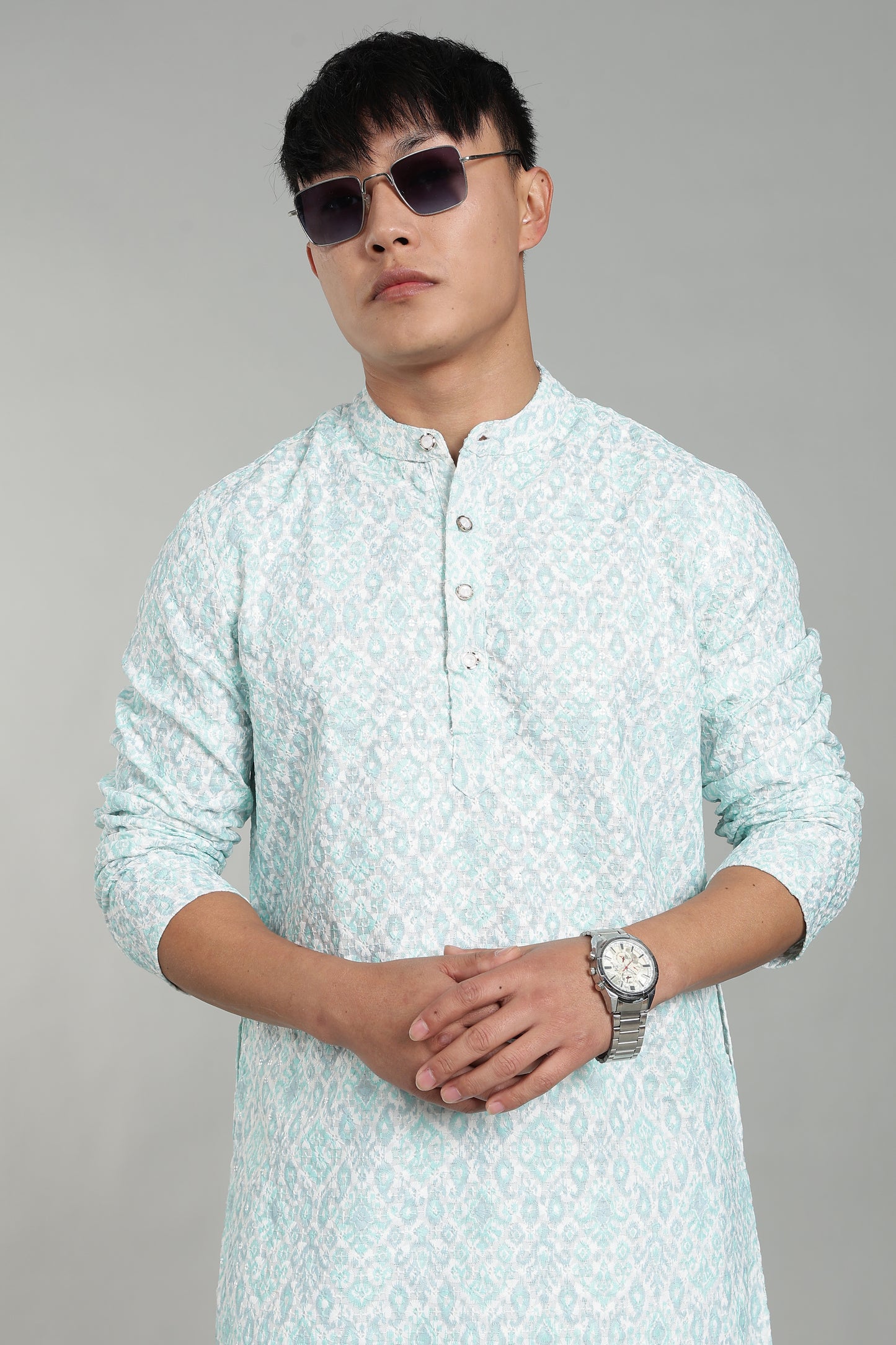 Men’s Sea Blue Ethnic Printed Textured Kurta