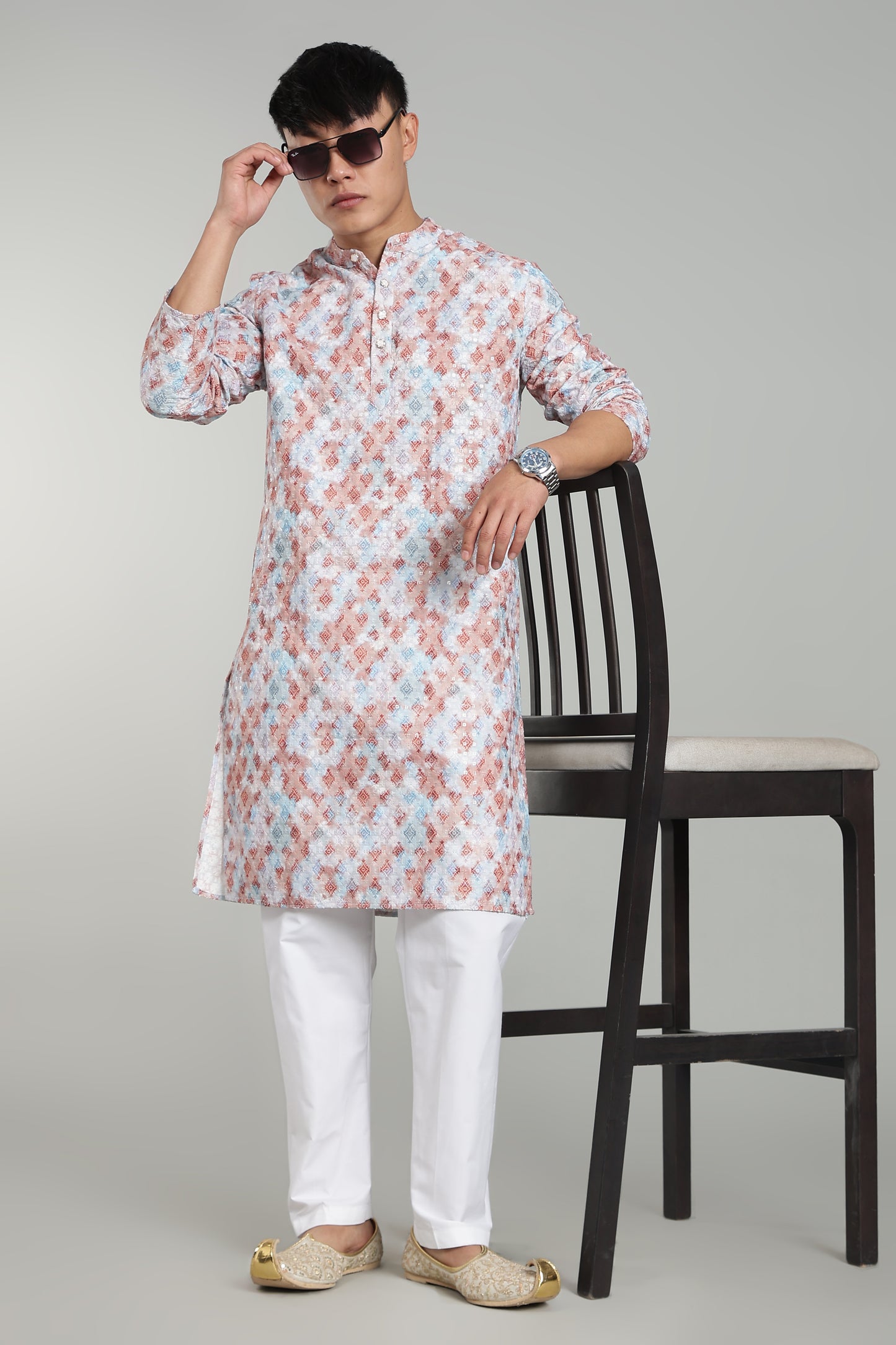 Men’s Brown Geometric Printed Textured Kurta
