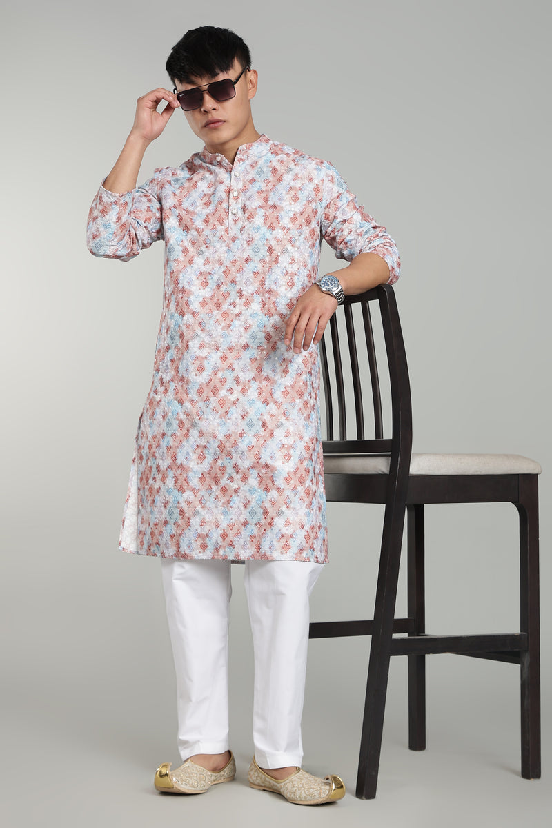 Men’s Brown Geometric Printed Textured Kurta