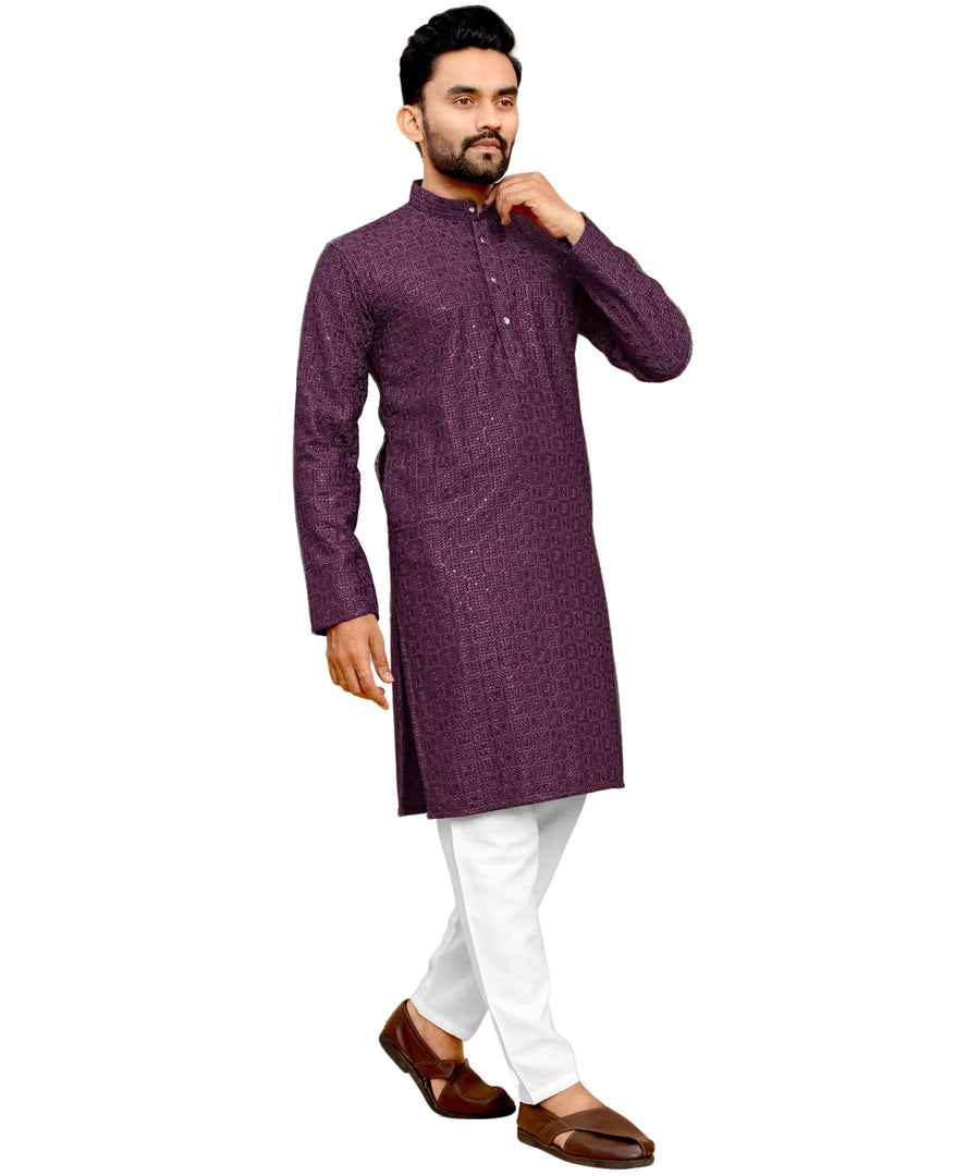 Men's Printed Long Kurta with Mandarin Collar{WINE}| Stylish Kurta for Men | Full Sleeve Traditional Ethnic Kurta