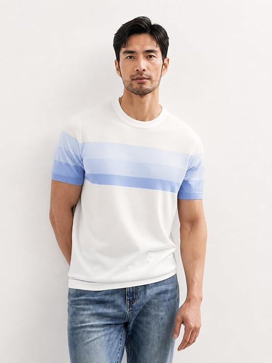 Men's Sky Blue Striped Knitted T-Shirt