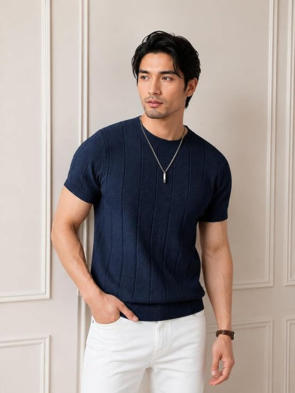Men's Navy Blue Textured Knitted T-Shirt