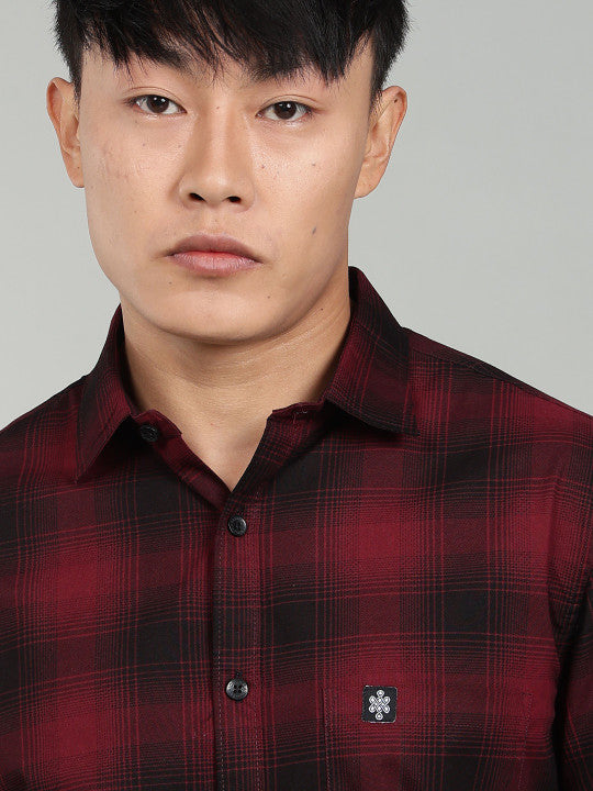 Men’s Maroon Black Checked Casual Shirt – Premium Full Sleeve Check Shirt
