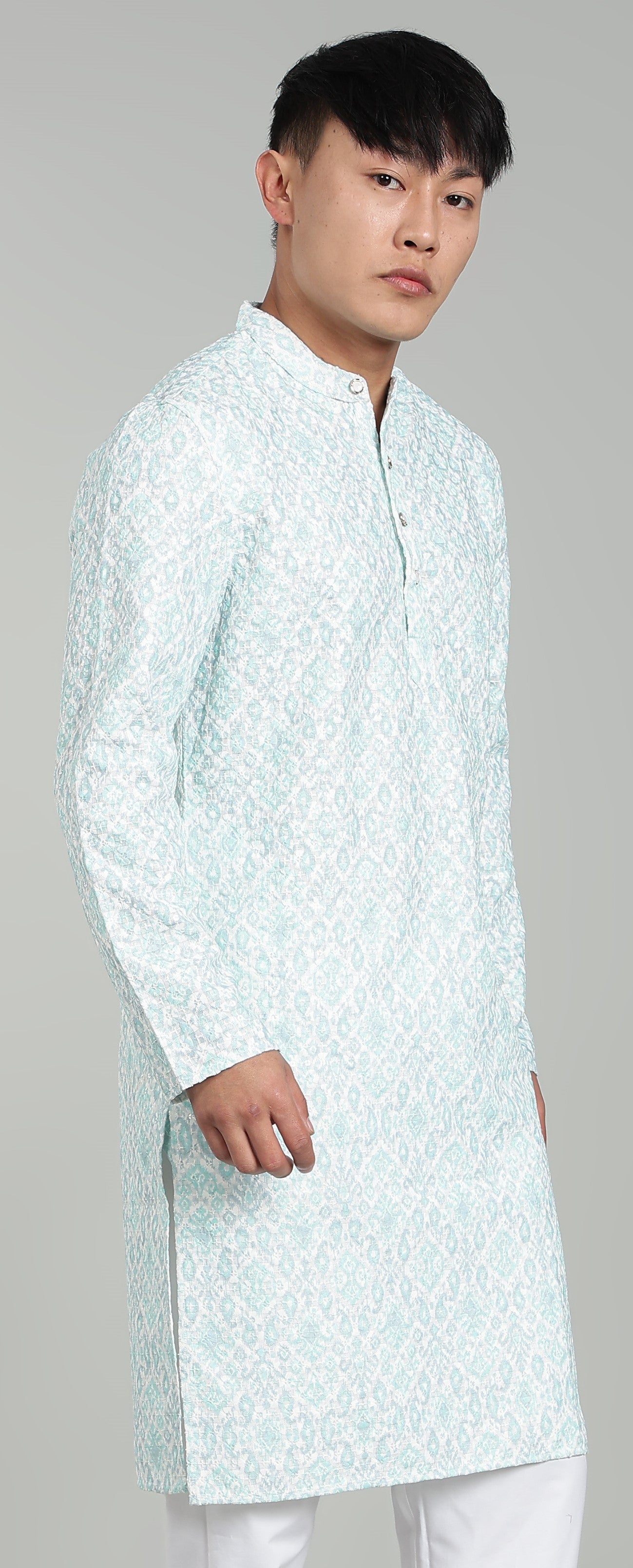 Men’s Sea Blue Ethnic Printed Textured Kurta