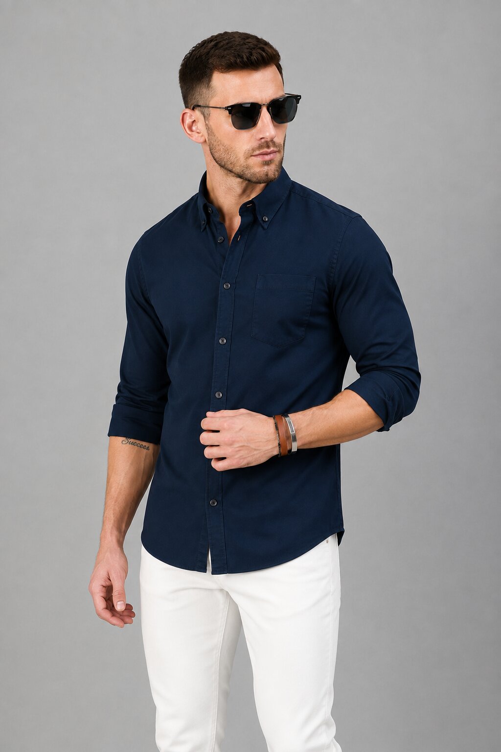Men’s Navy Blue Solid Full Sleeve Button Down Casual Shirt