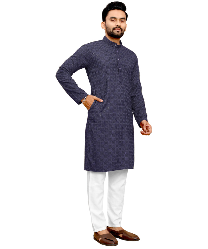 Men's Printed Long Kurta with Mandarin Collar{BLUE}| Stylish Kurta for Men | Full Sleeve Traditional Ethnic Kurta