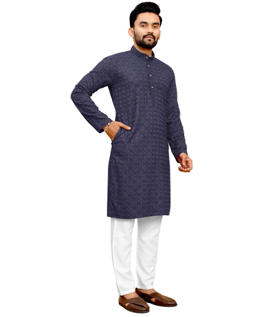 Men's Printed Long Kurta with Mandarin Collar{BLUE}| Stylish Kurta for Men | Full Sleeve Traditional Ethnic Kurta
