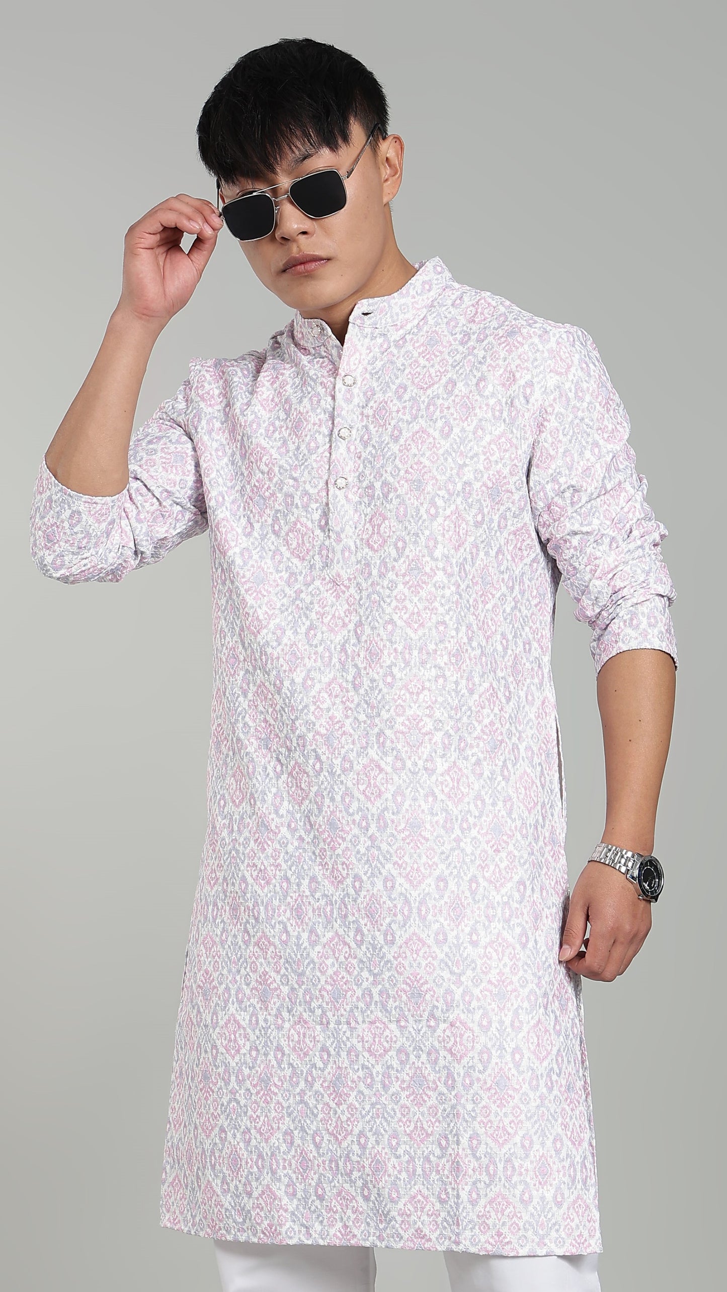 Men’s Red Ethnic Printed Textured Kurta