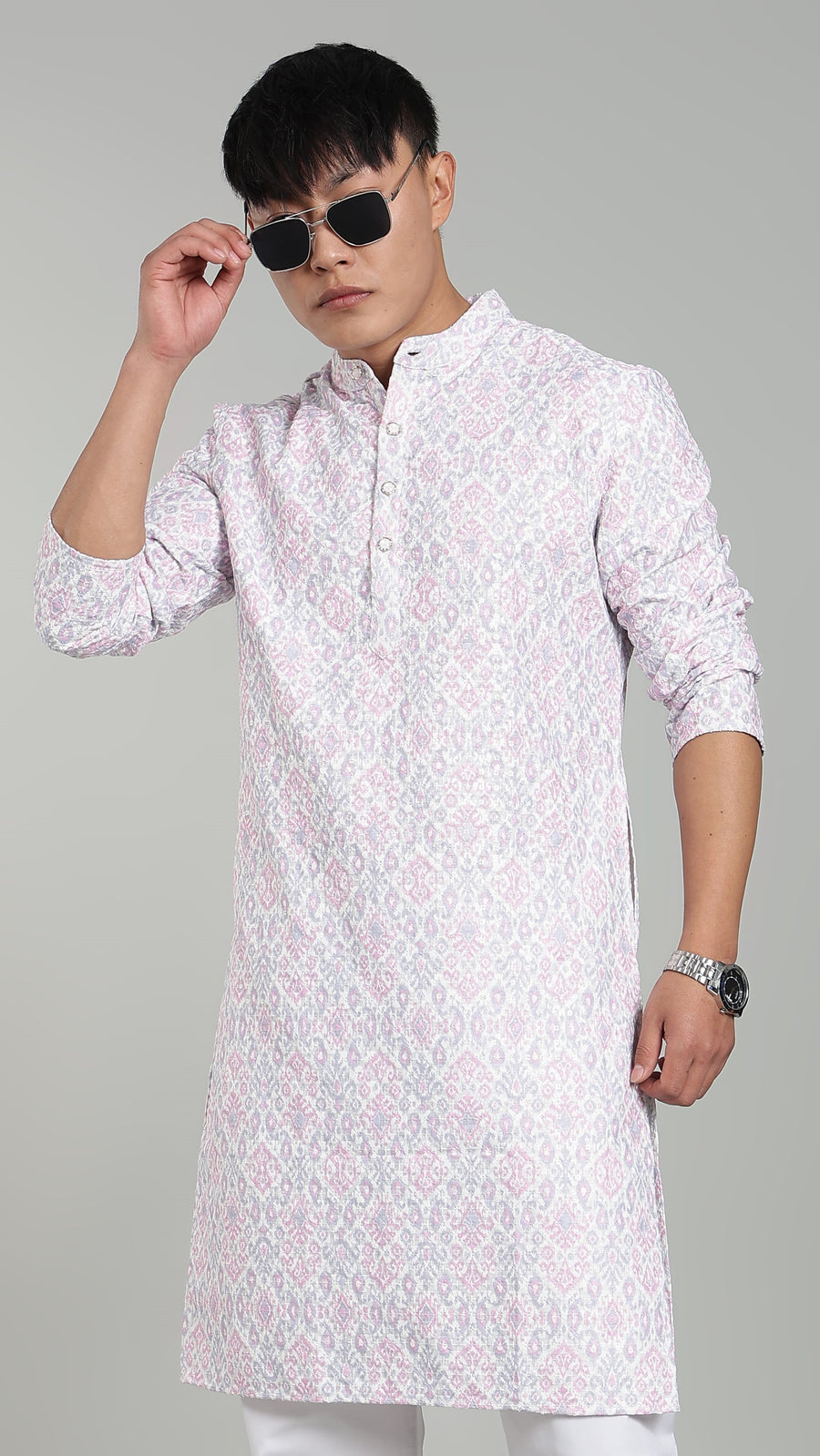 Men’s Red Ethnic Printed Textured Kurta