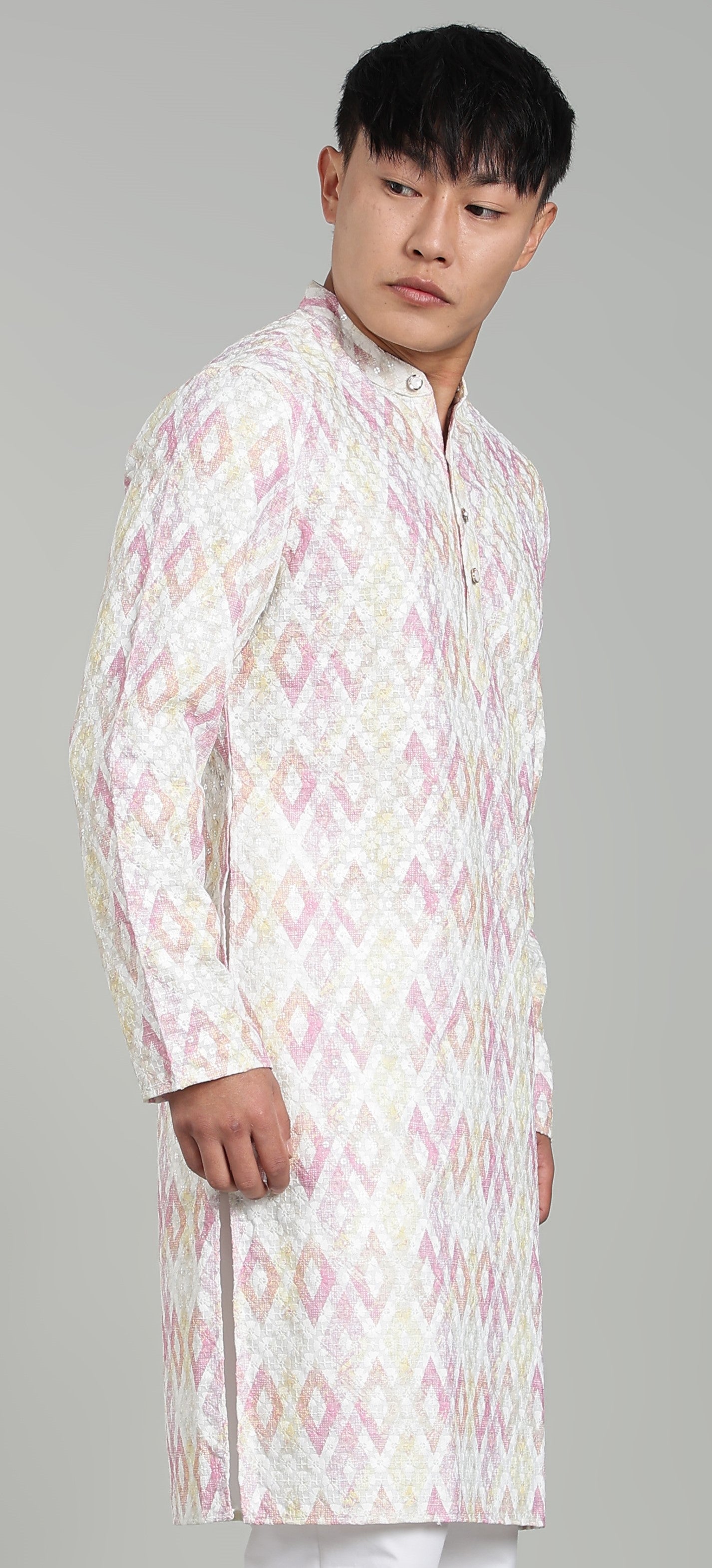 Men’s Light Pink Geometric Printed Textured Kurta