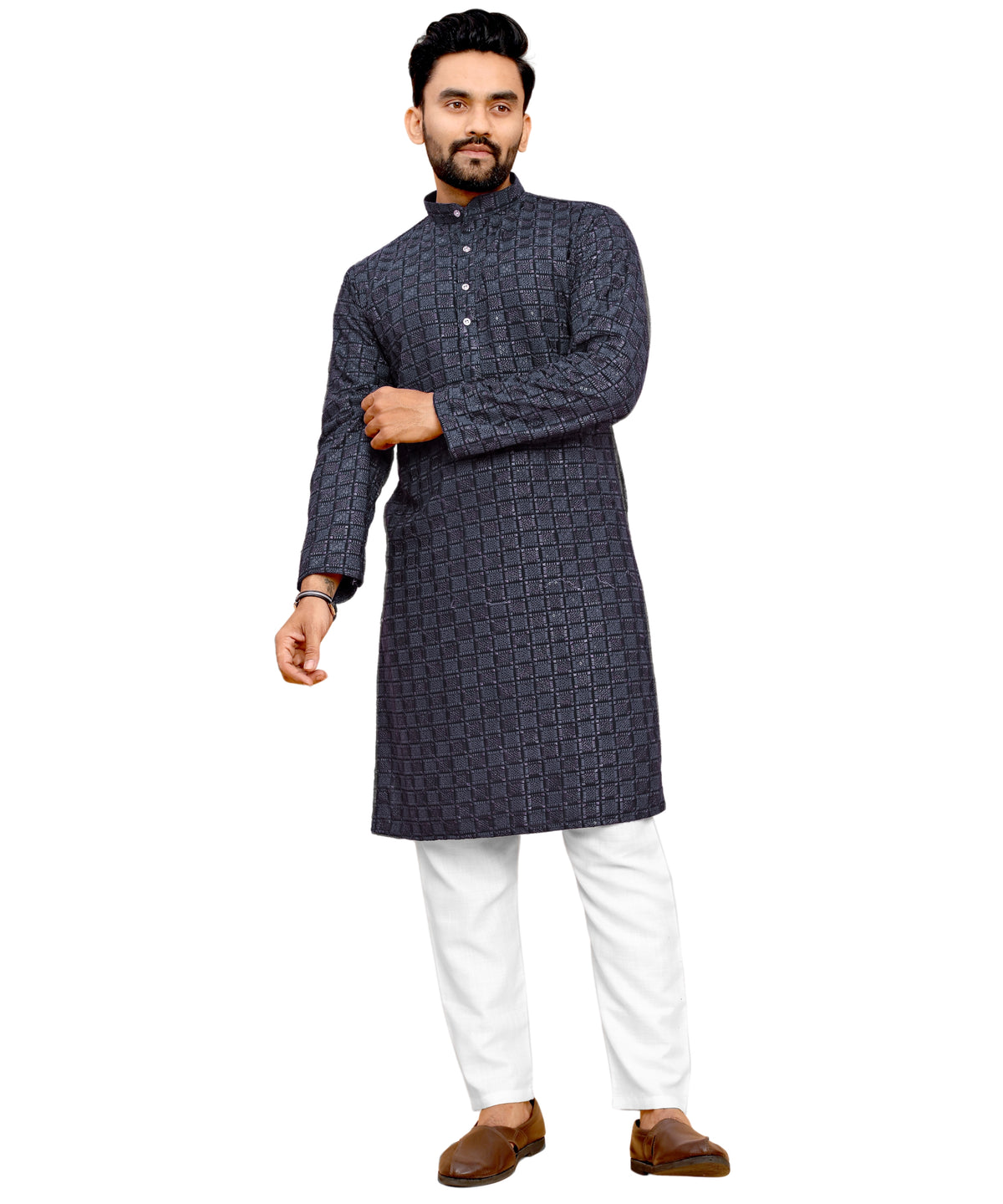 Men's Printed Long Kurta with Mandarin Collar{BLACK}| Stylish Kurta for Men | Full Sleeve Traditional Ethnic Kurta