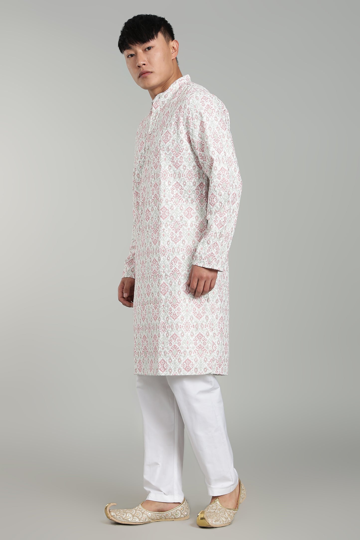 Men’s Rani Pink Ethnic Printed Textured Kurta