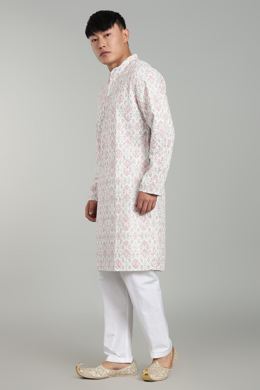 Men’s Rani Pink Ethnic Printed Textured Kurta