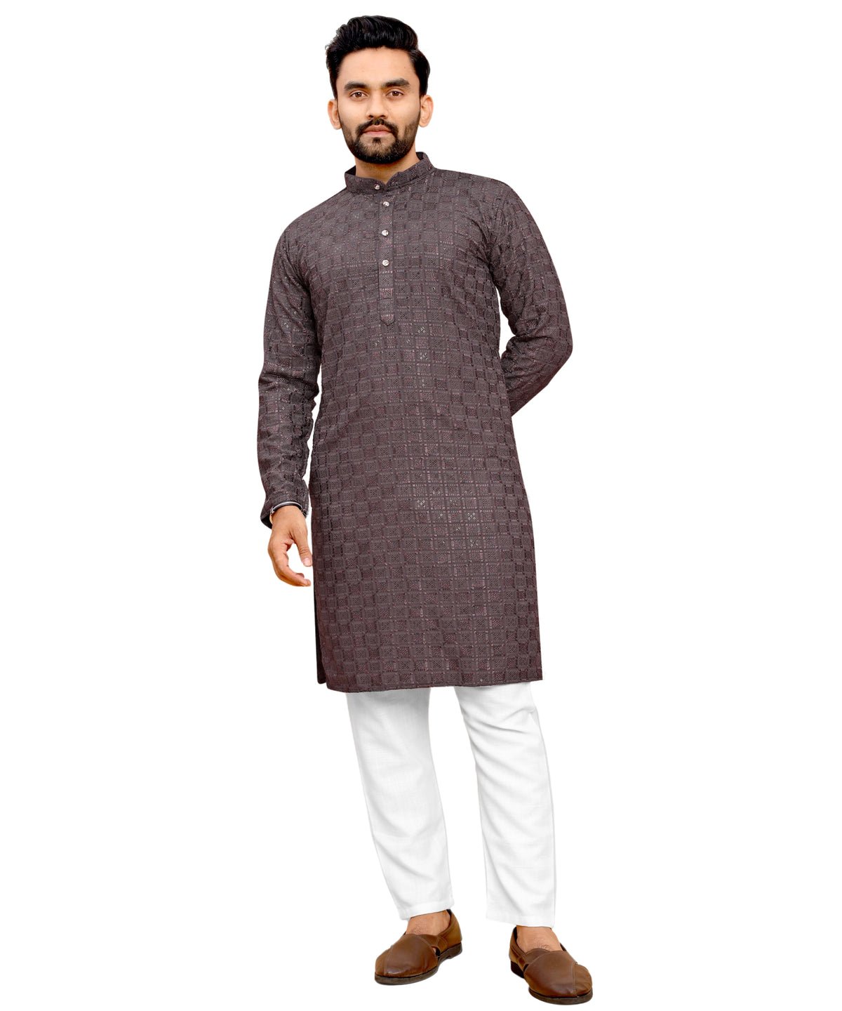 Men's Printed Long Kurta with Mandarin Collar{COFFEE}| Stylish Kurta for Men | Full Sleeve Traditional Ethnic Kurta