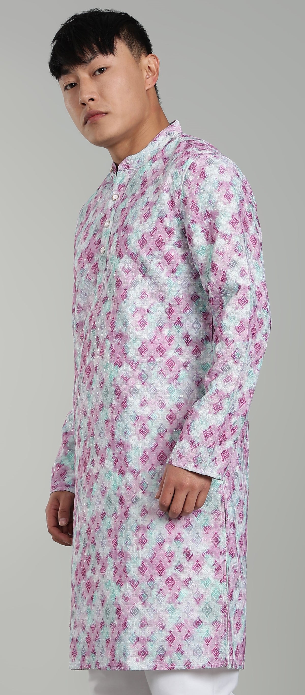 Men’s Pink Geometric Printed Textured Kurta