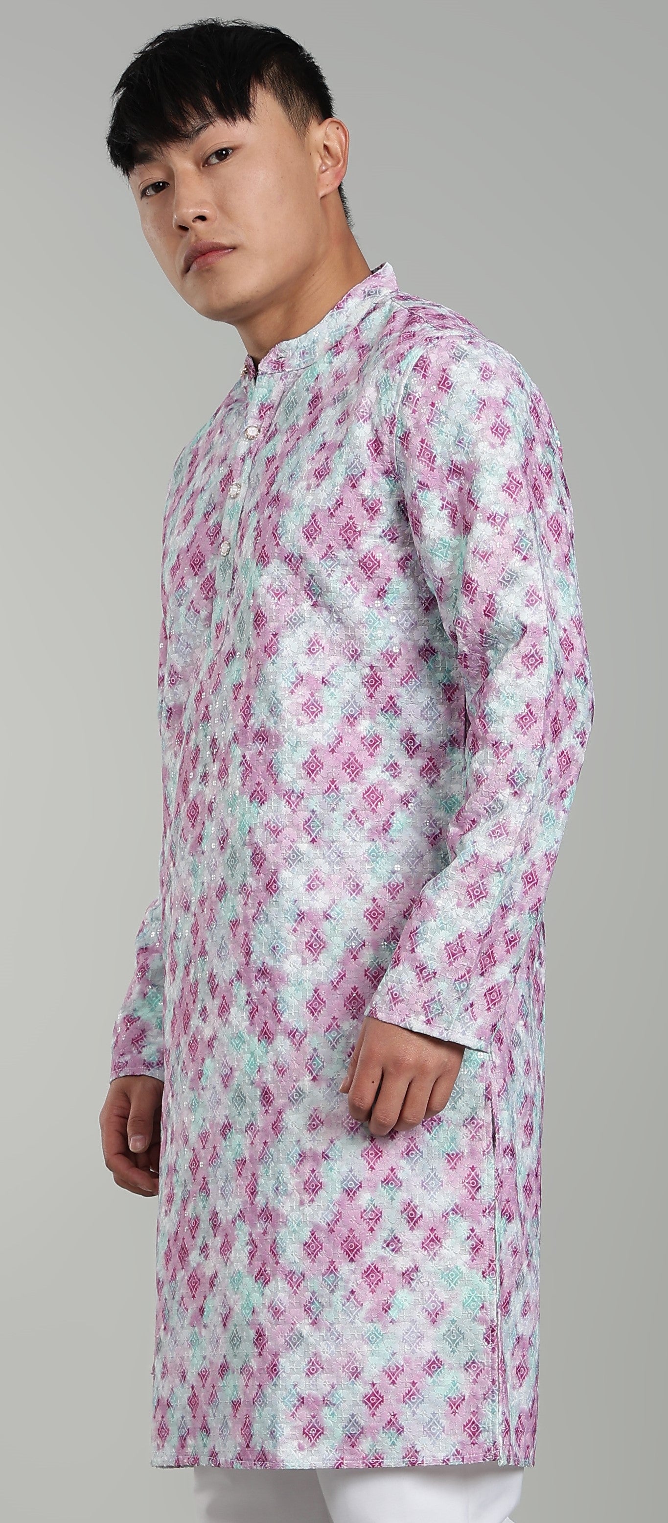 Men’s Pink Geometric Printed Textured Kurta